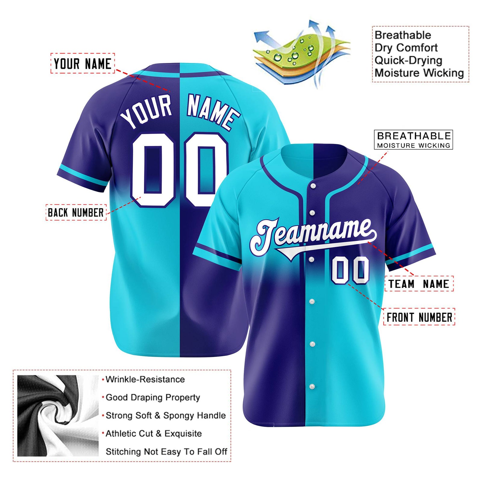 Custom Purple-Blue White Authentic Split Fashion Baseball Jersey
