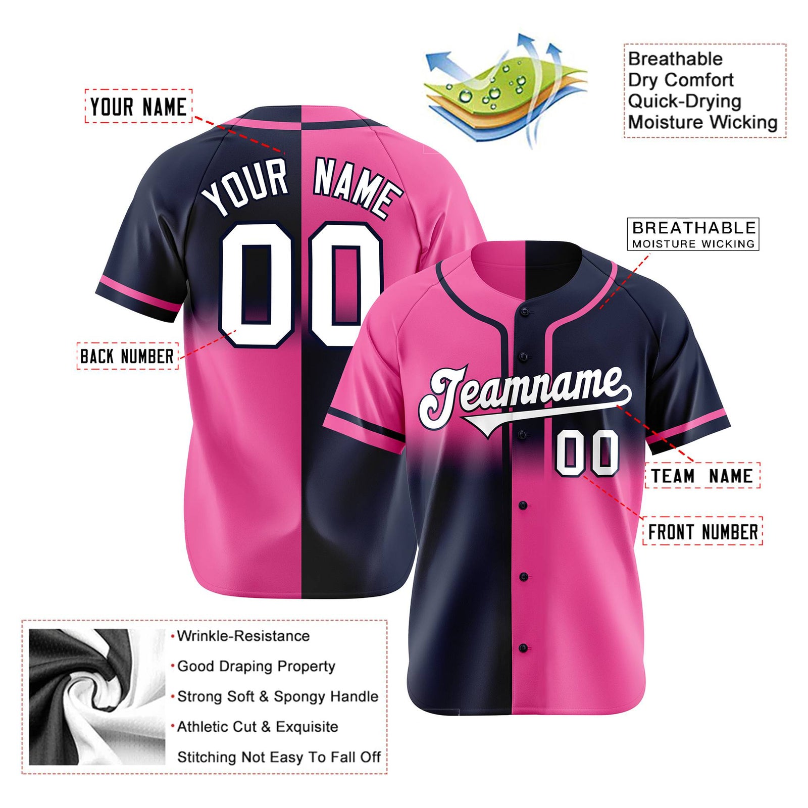 Custom Pink-Navy White Authentic Split Fashion Baseball Jersey