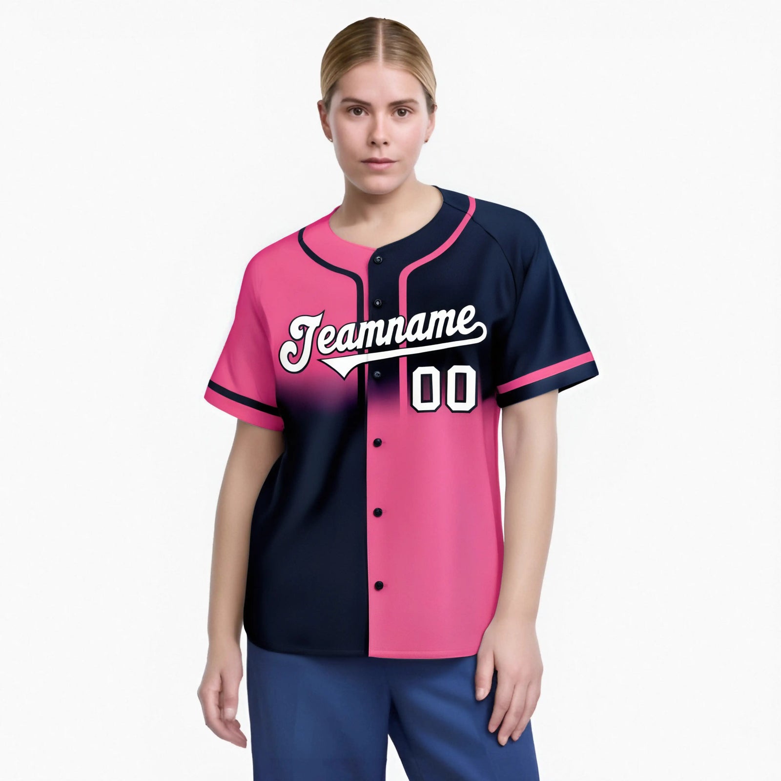 Custom Pink-Navy White Authentic Split Fashion Baseball Jersey