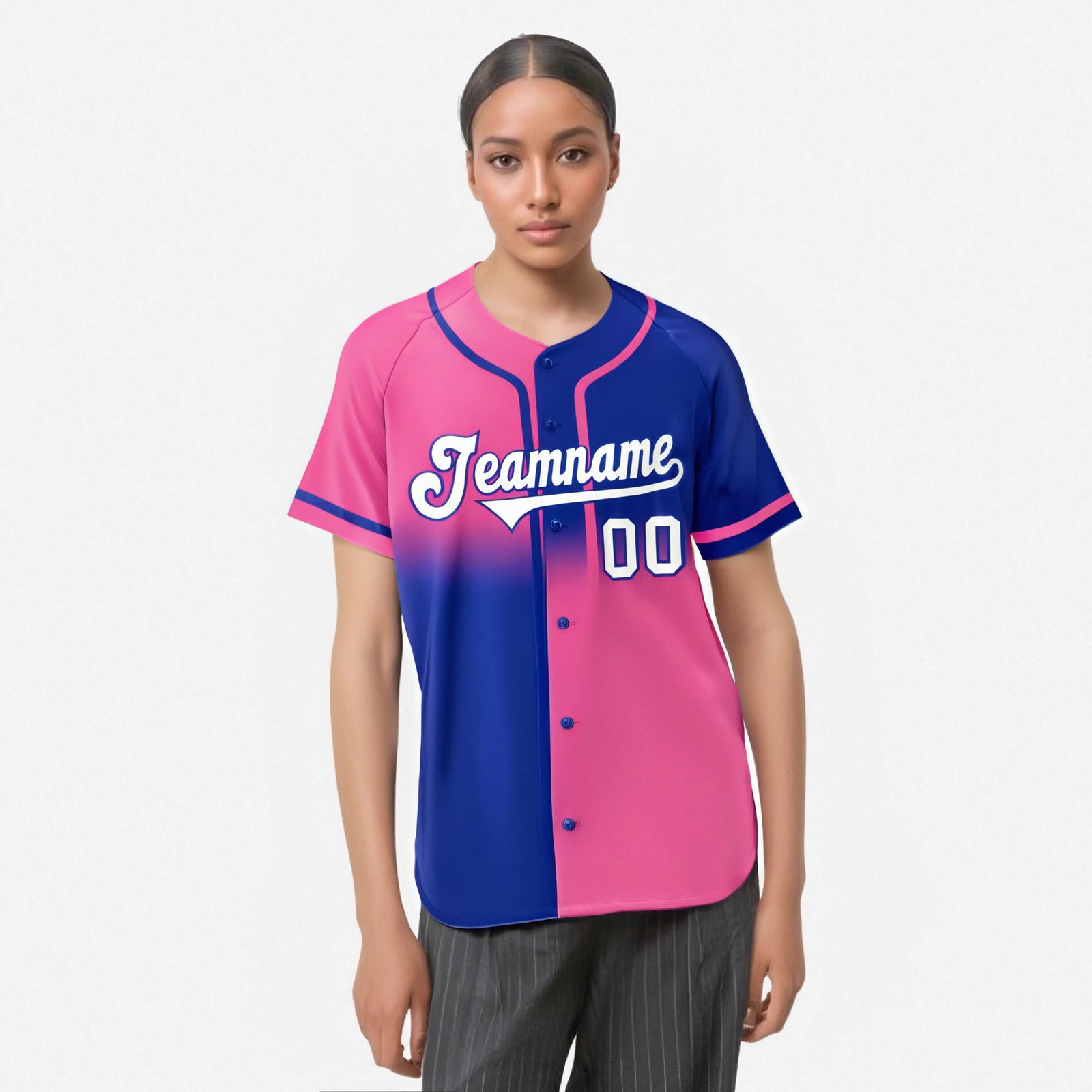 Custom Pink-Royal Blue White Authentic Split Fashion Baseball Jersey