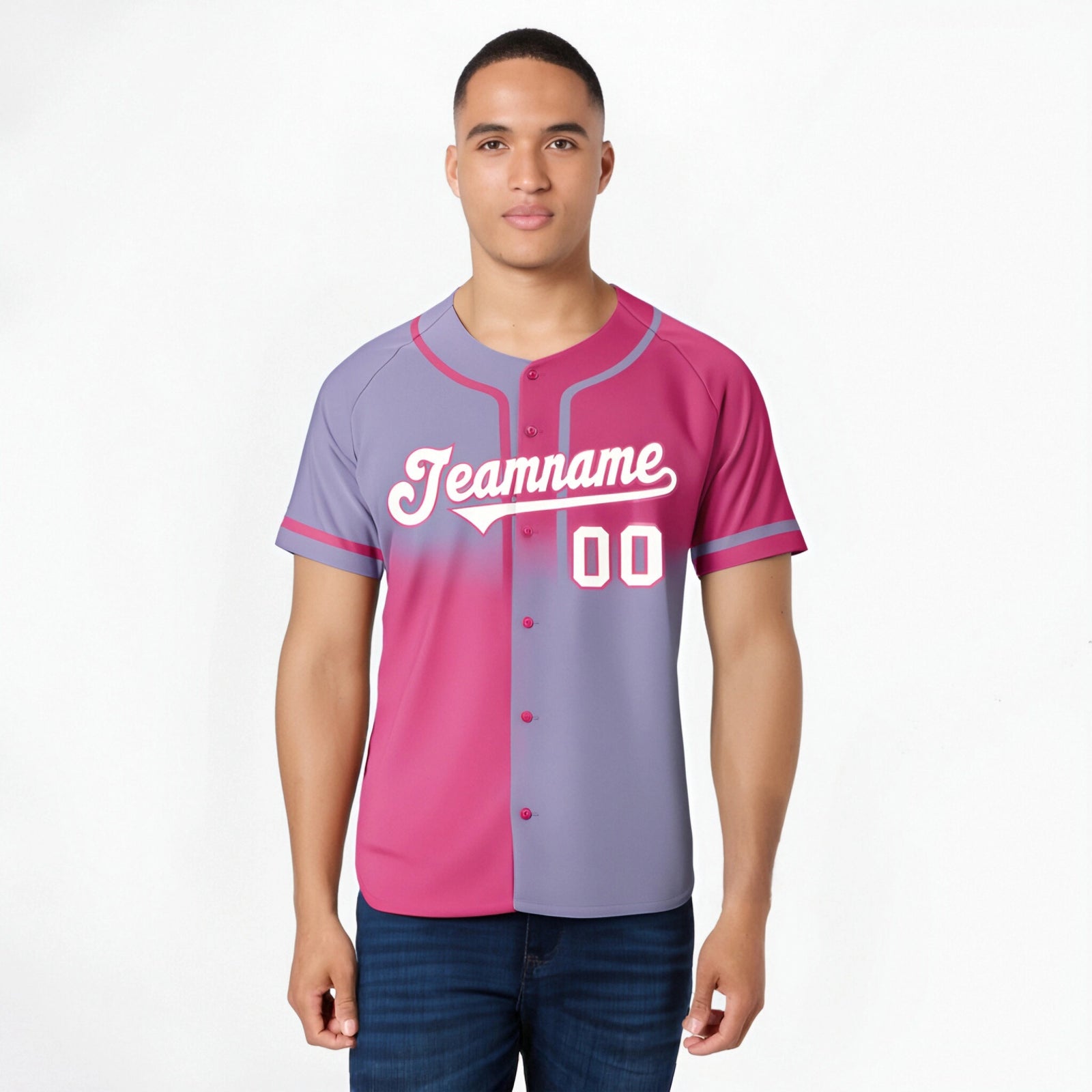 Custom Pink-Light Purple-White Authentic Split Fashion Baseball Jersey