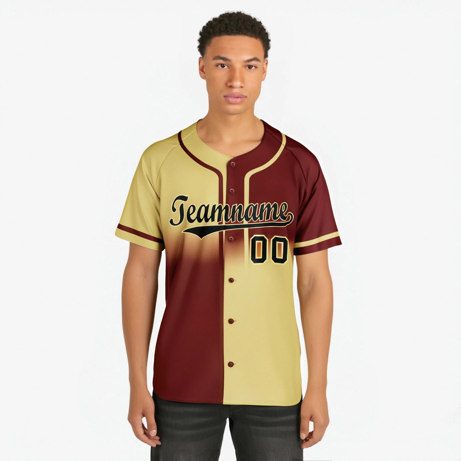 Camiseta de béisbol personalizada, color caqui, negro y auténtico, con aberturas laterales.