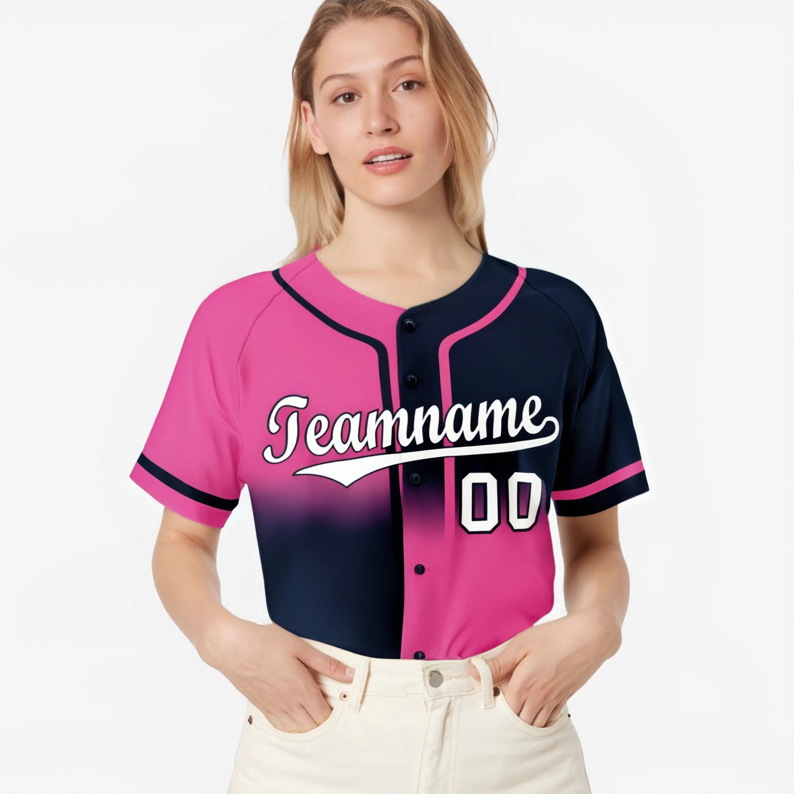 Custom Pink-Navy White Authentic Split Fashion Baseball Jersey
