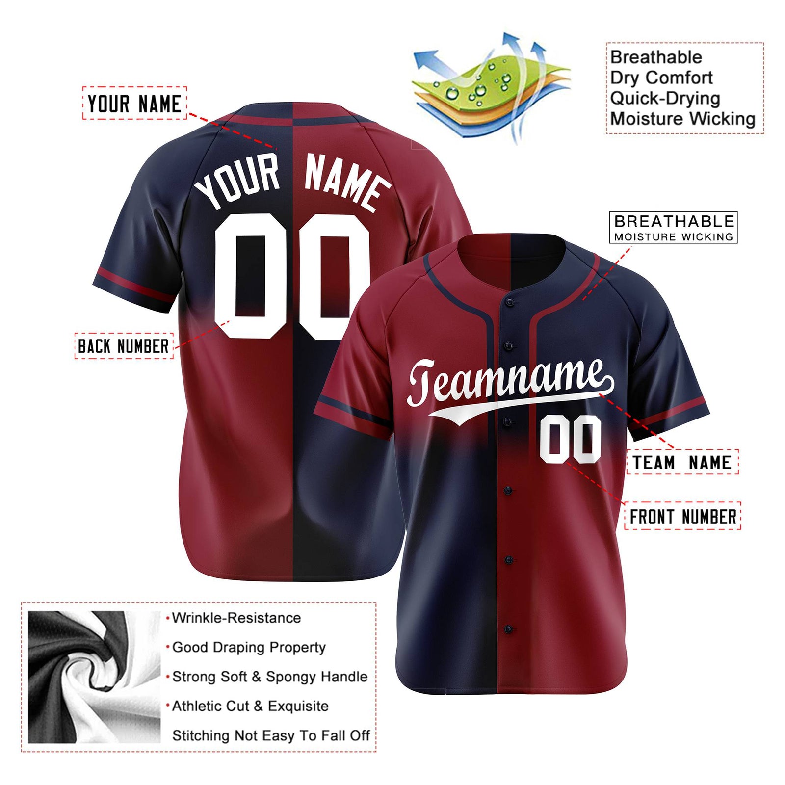Custom Crimson-Navy White Authentic Split Fashion Baseball Jersey