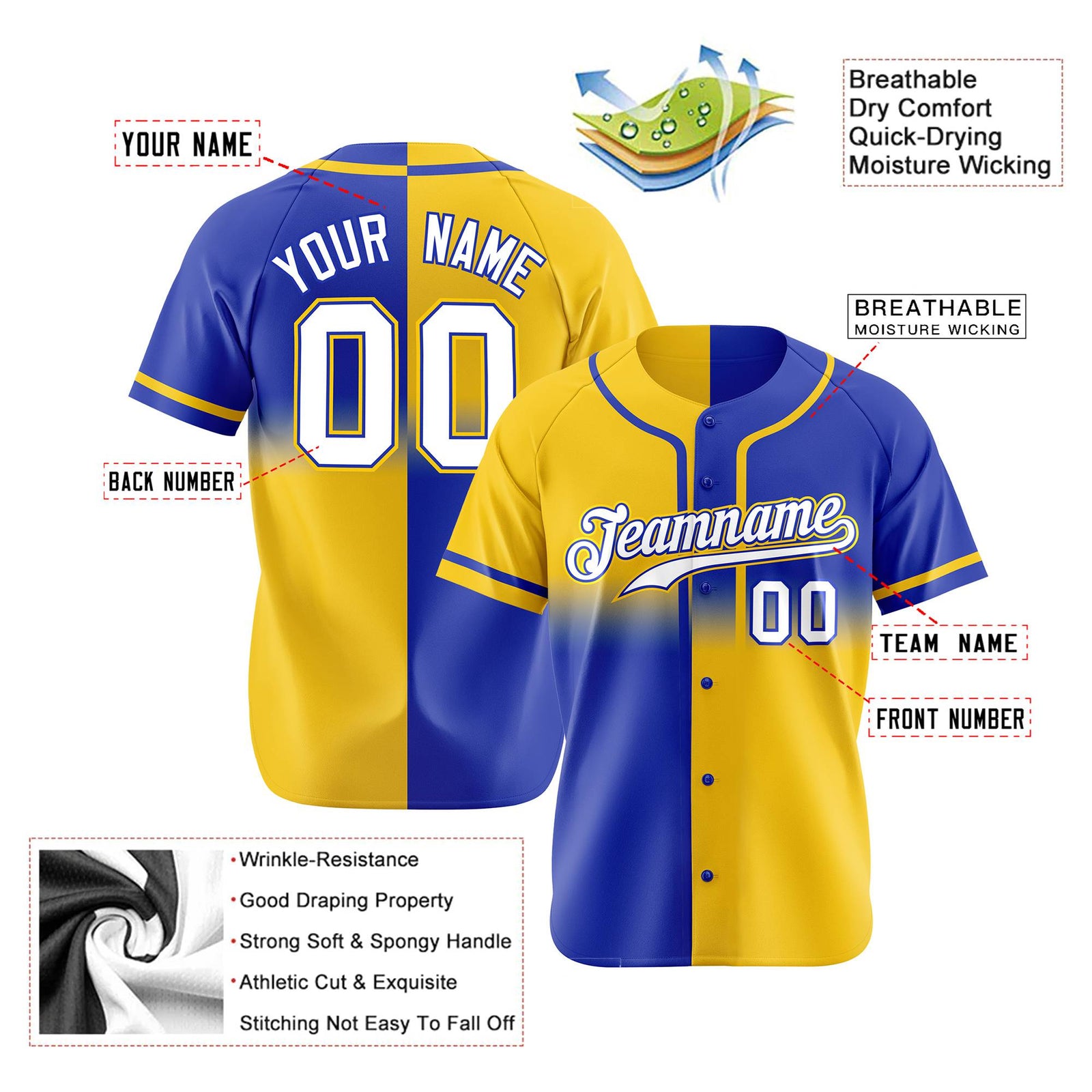 Custom Gold-Royal Blue White Authentic Split Fashion Baseball Jersey
