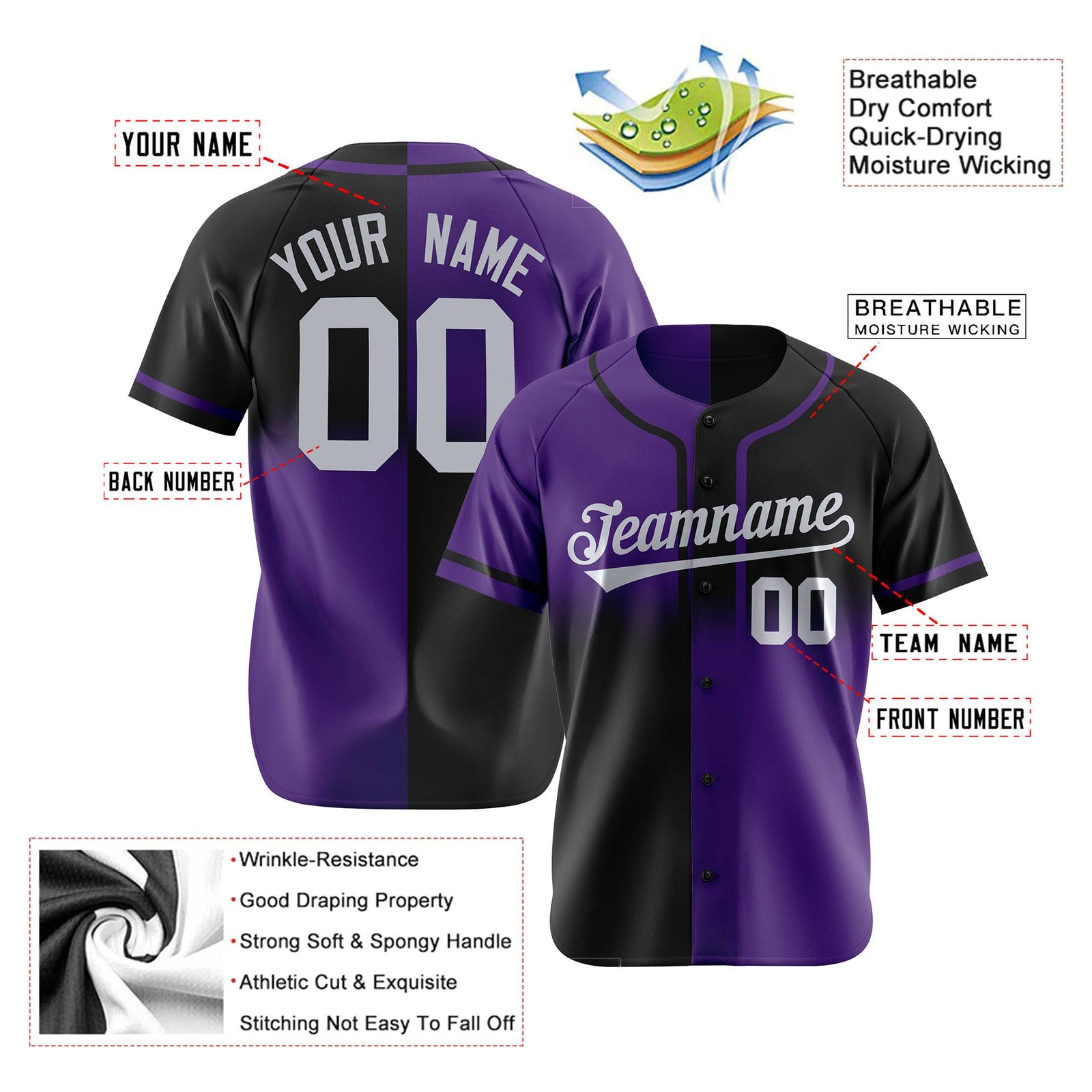 Custom Black-Purple Gray Authentic Split Fashion Baseball Jersey