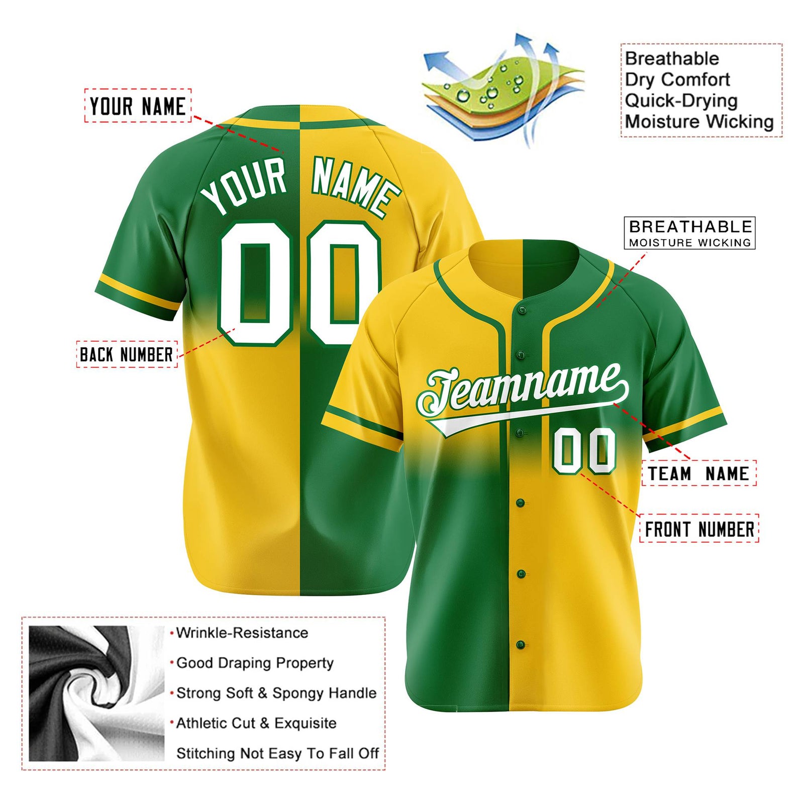 Custom Gold-Green White Authentic Split Fashion Baseball Jersey