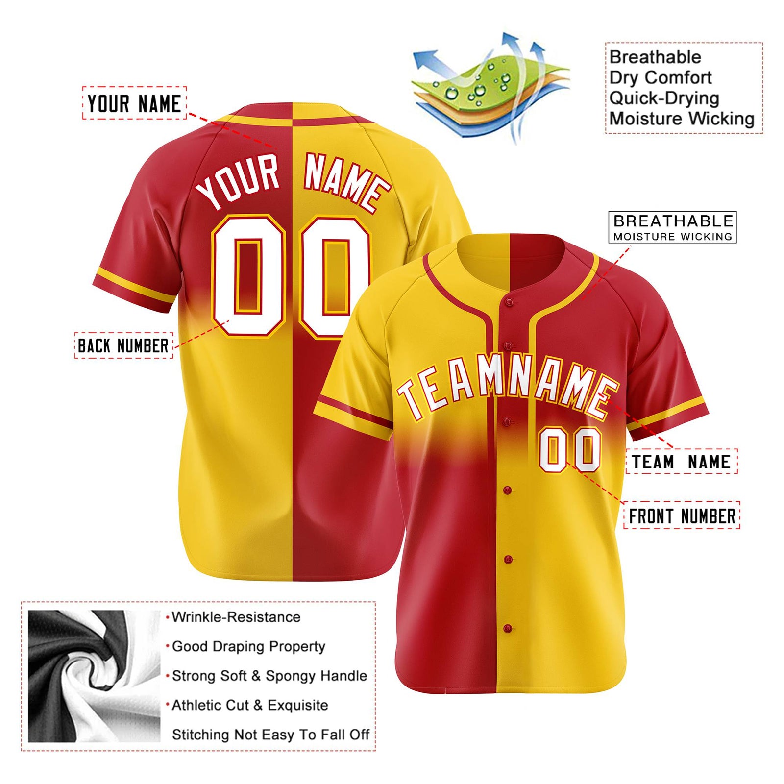 Custom Gold-Red White Authentic Split Fashion Baseball Jersey