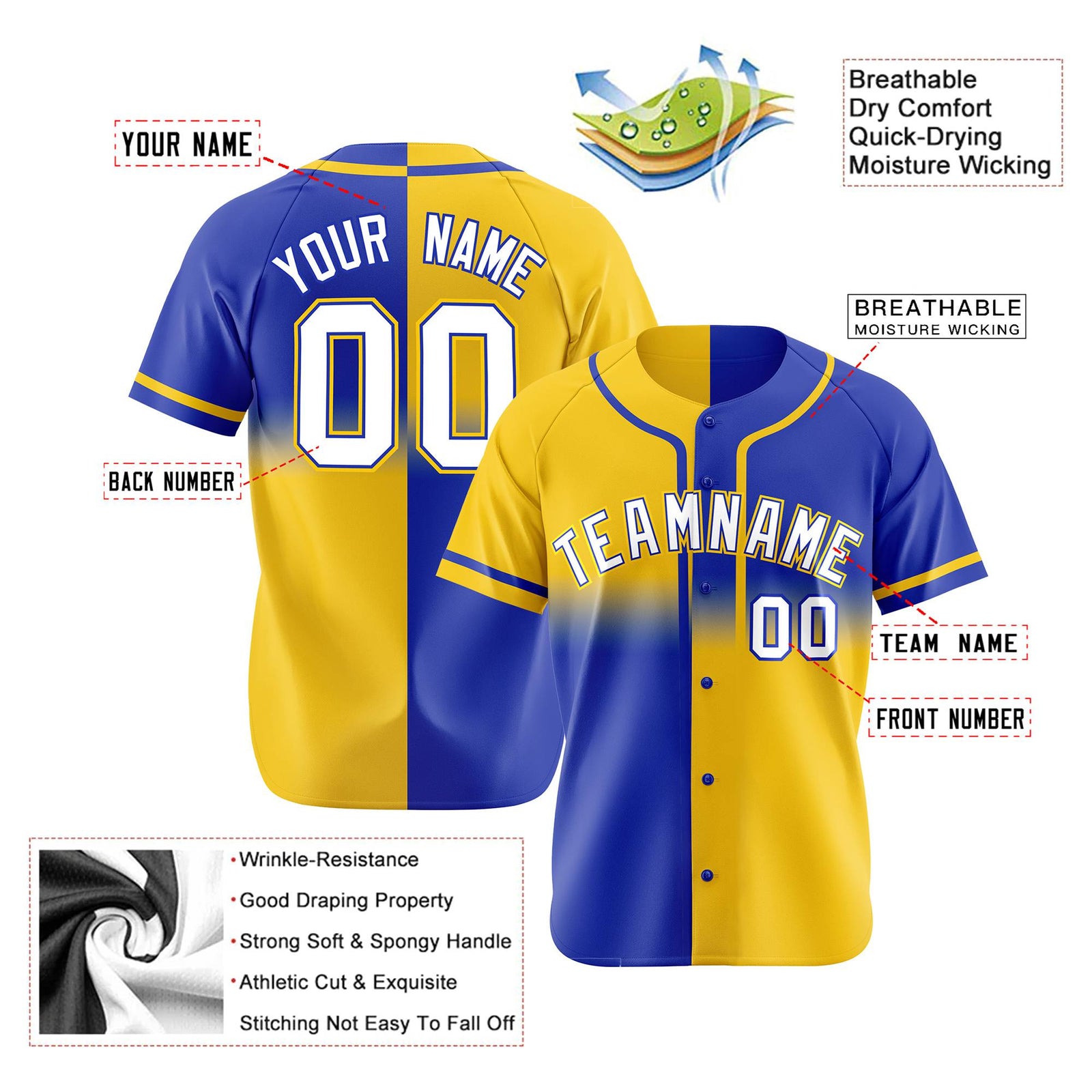 Custom Gold-Royal Blue White Authentic Split Fashion Baseball Jersey