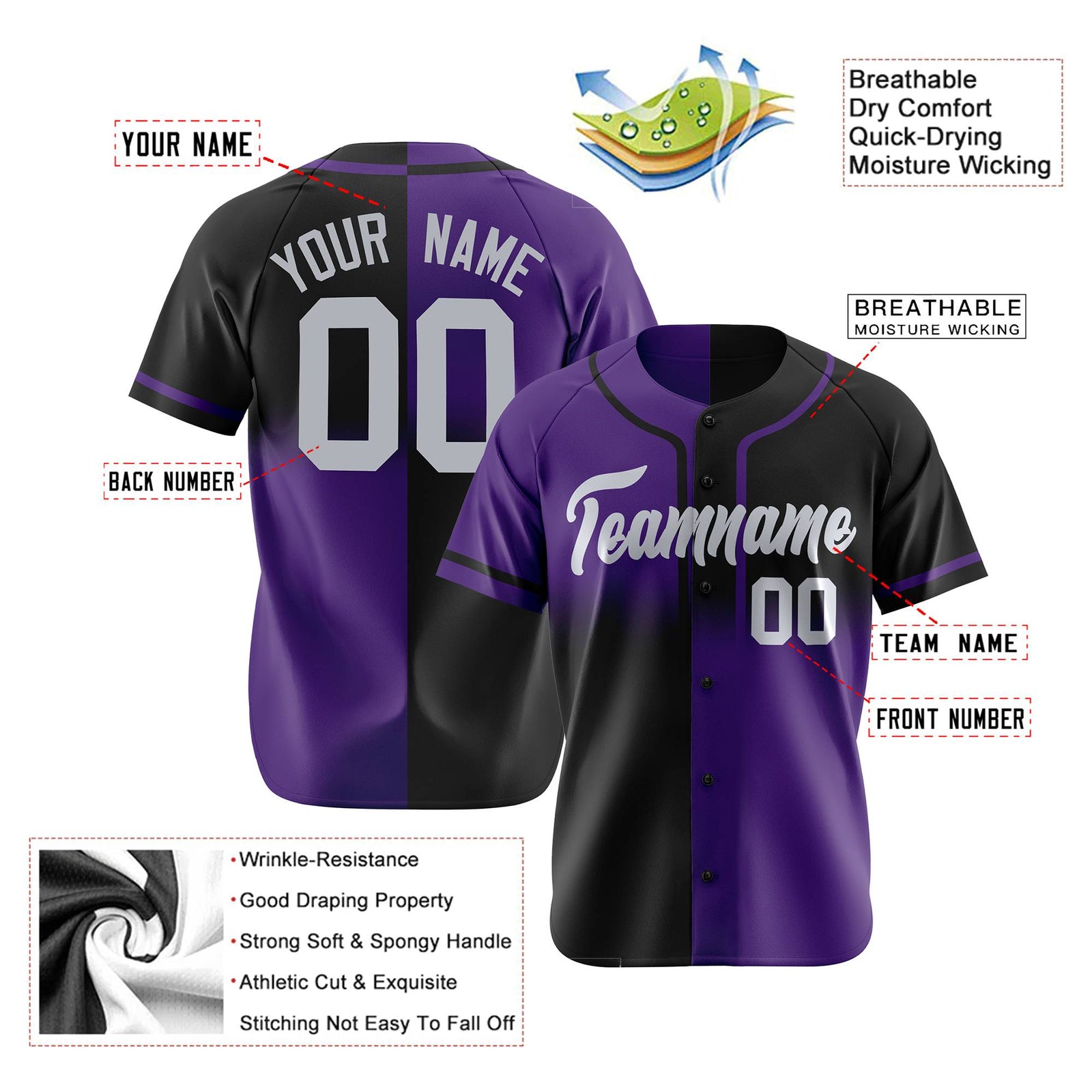 Custom Black-Purple Gray Authentic Split Fashion Baseball Jersey