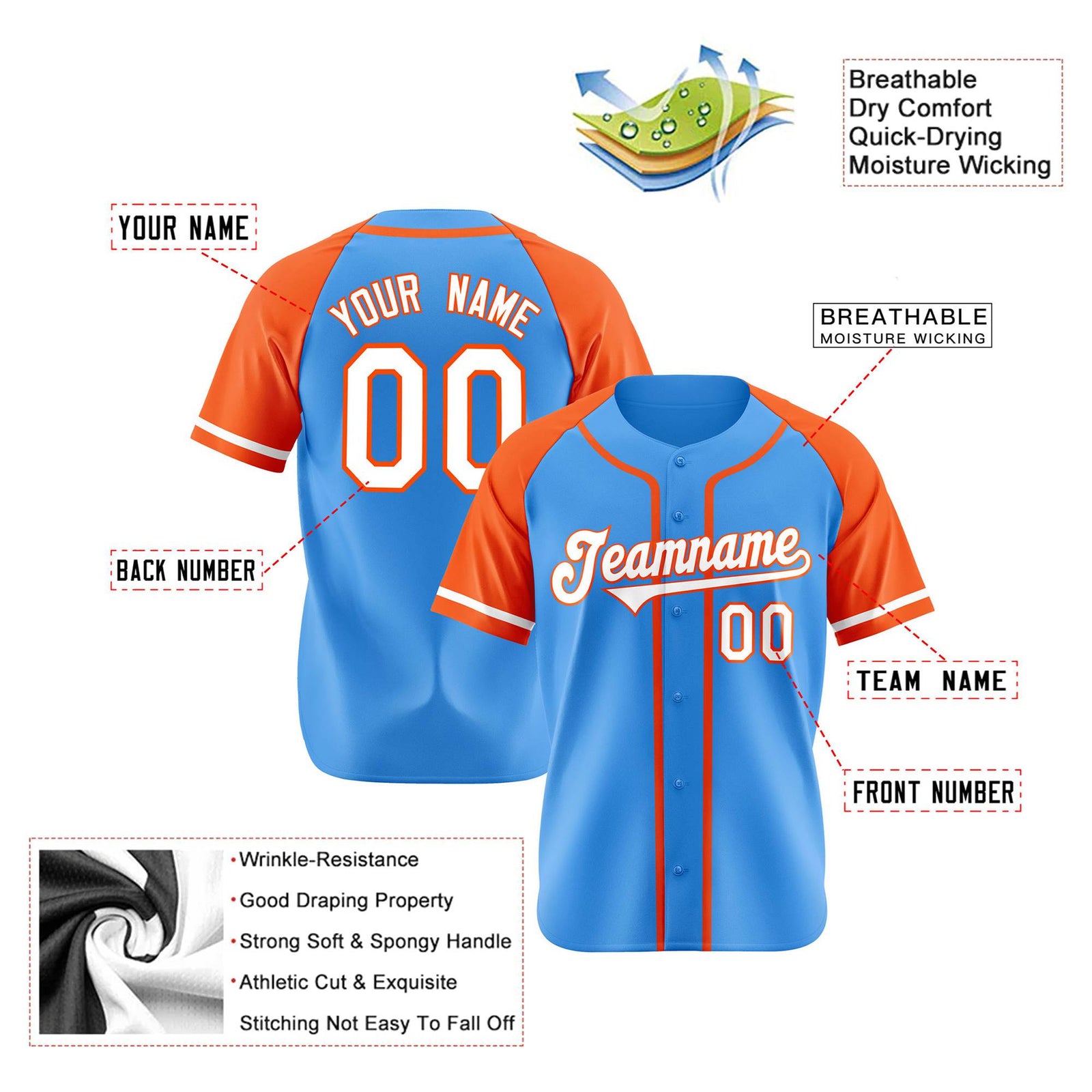 Custom Powder Blue Orange White Authentic Raglan Sleeves Baseball Jersey