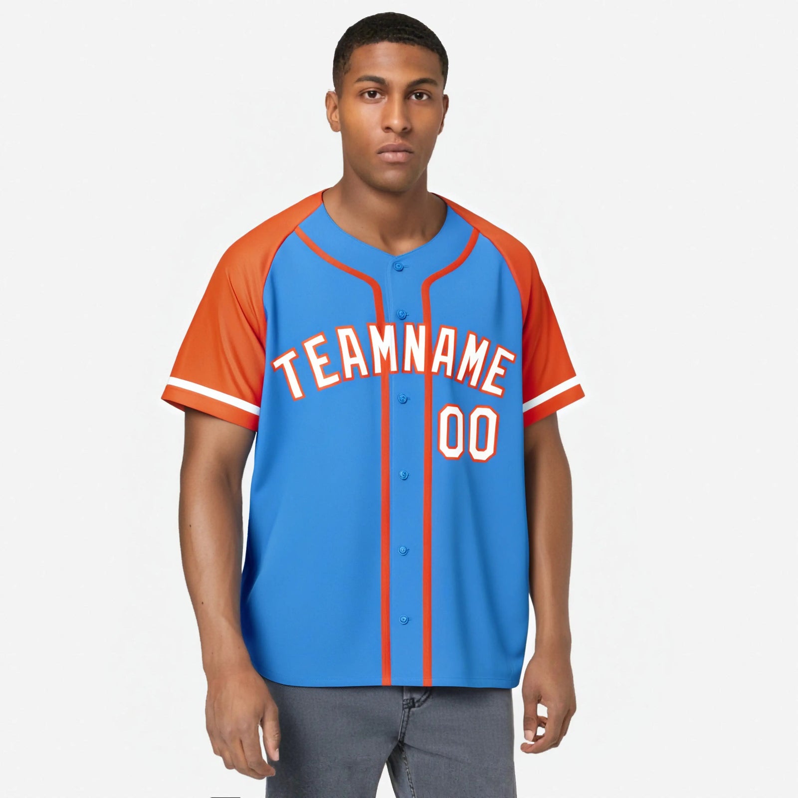 Custom Powder Blue Orange White Authentic Raglan Sleeves Baseball Jersey