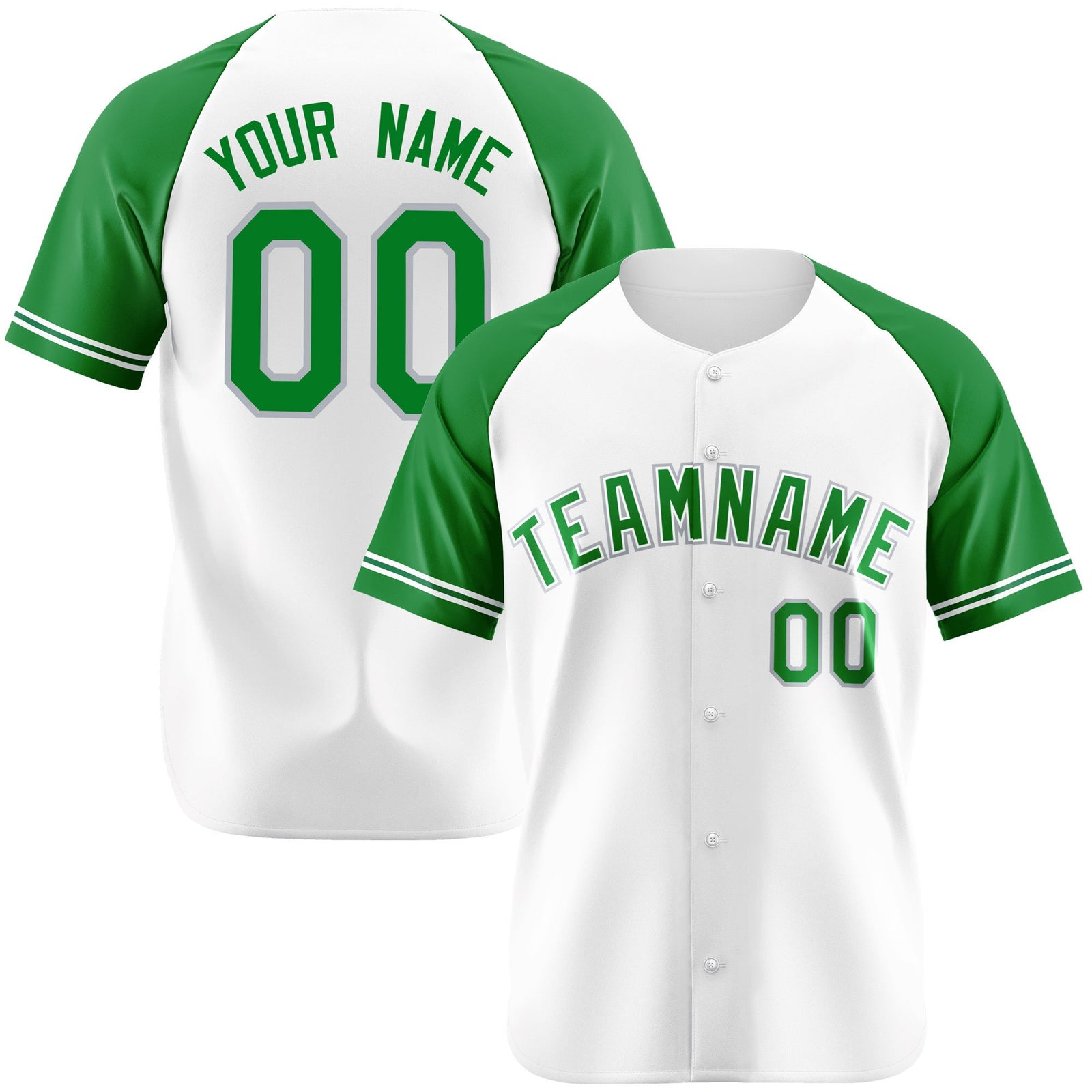 Custom White Kelly Green Authentic Raglan Sleeves Baseball Jersey