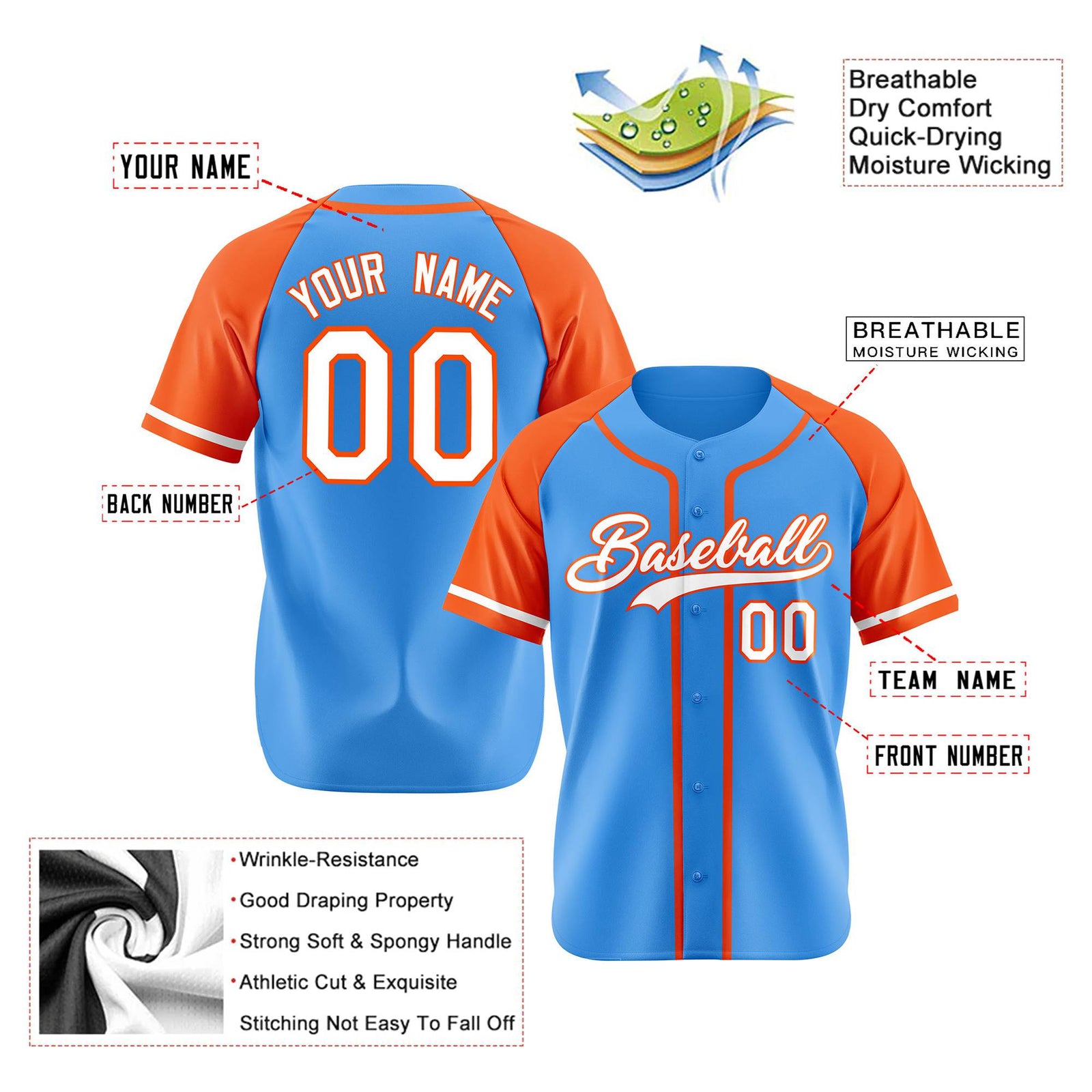 Custom Powder Blue Orange White Authentic Raglan Sleeves Baseball Jersey