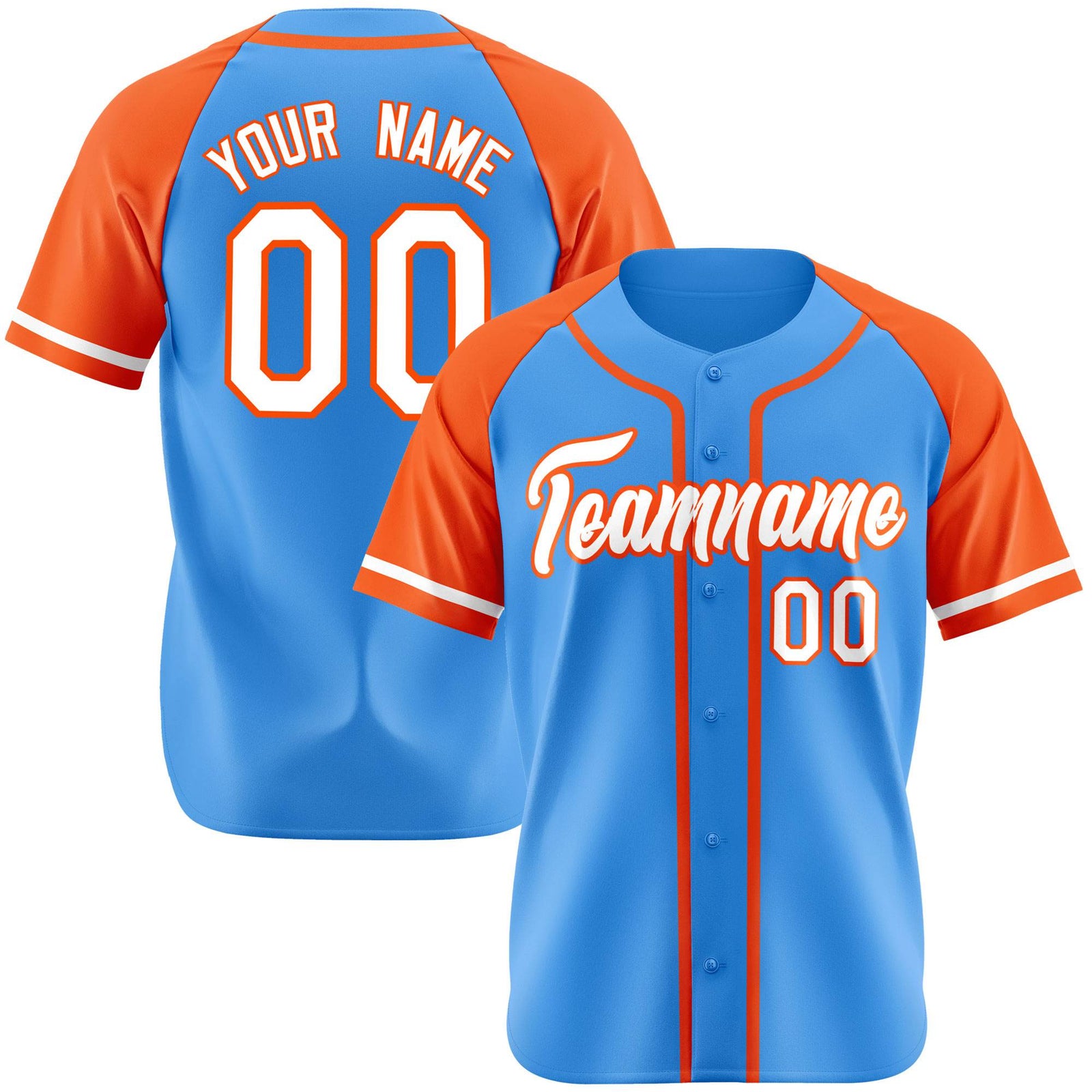 Custom Powder Blue Orange White Authentic Raglan Sleeves Baseball Jersey