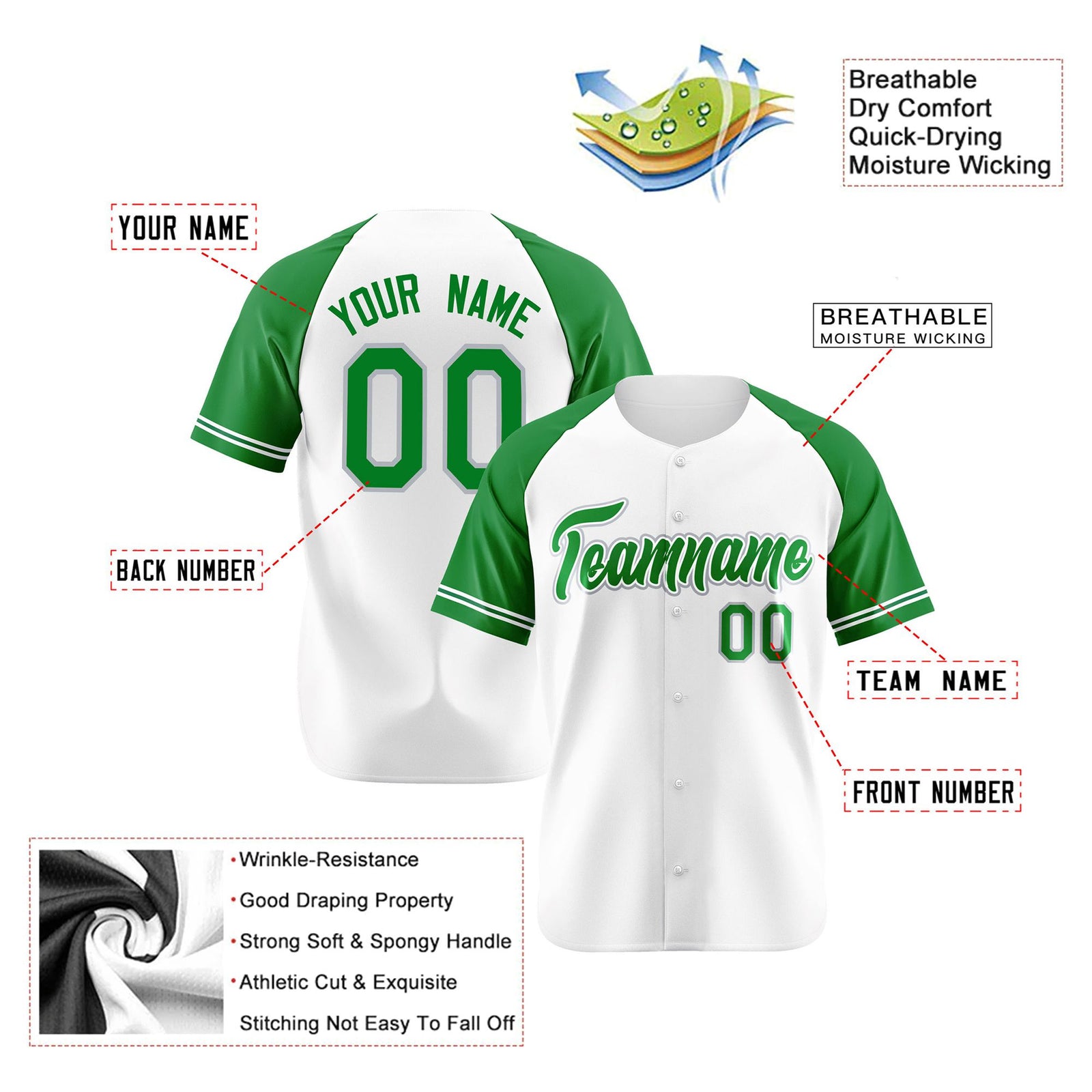 Custom White Kelly Green Authentic Raglan Sleeves Baseball Jersey
