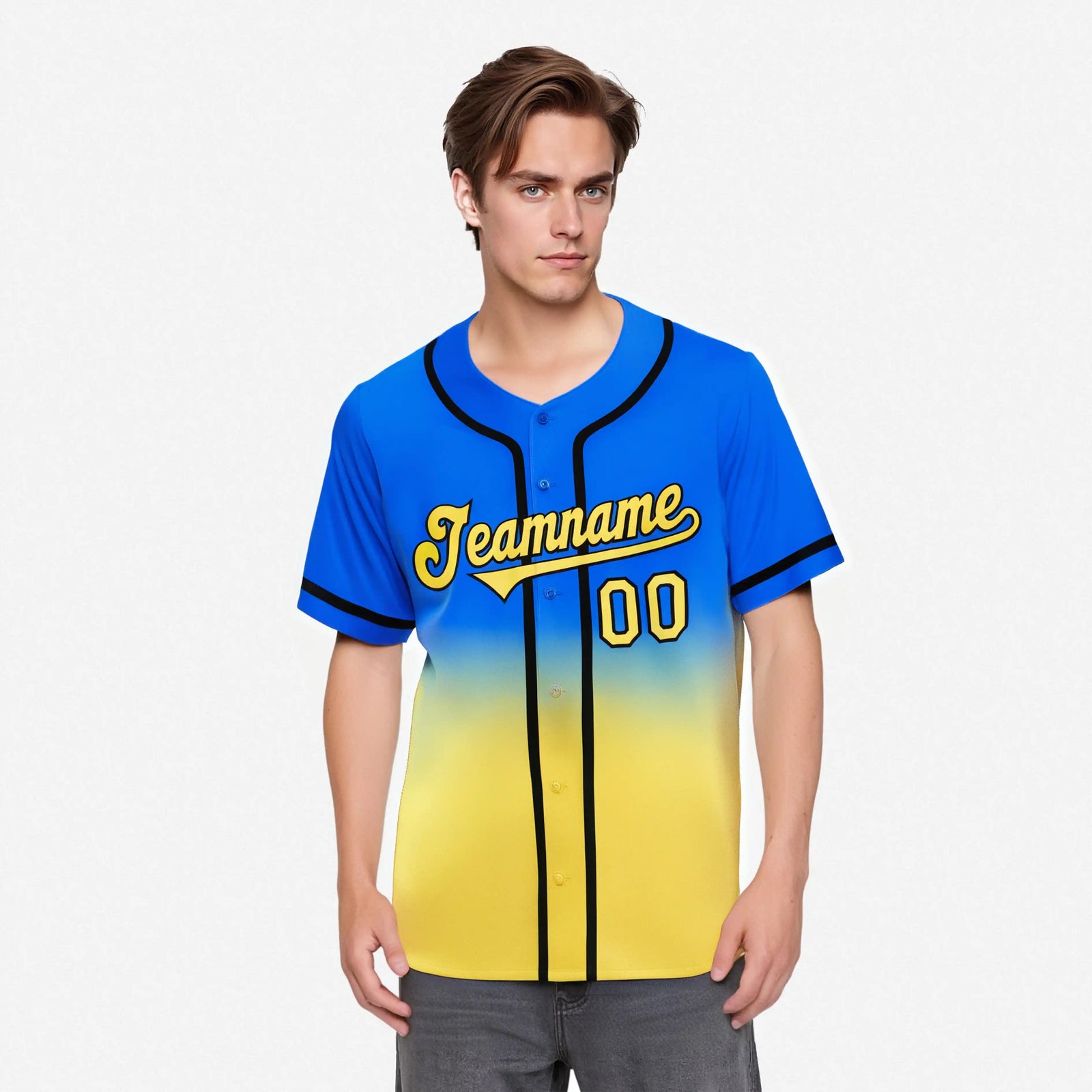Custom Blue Yellow-Black Authentic Fade Fashion Baseball Jersey