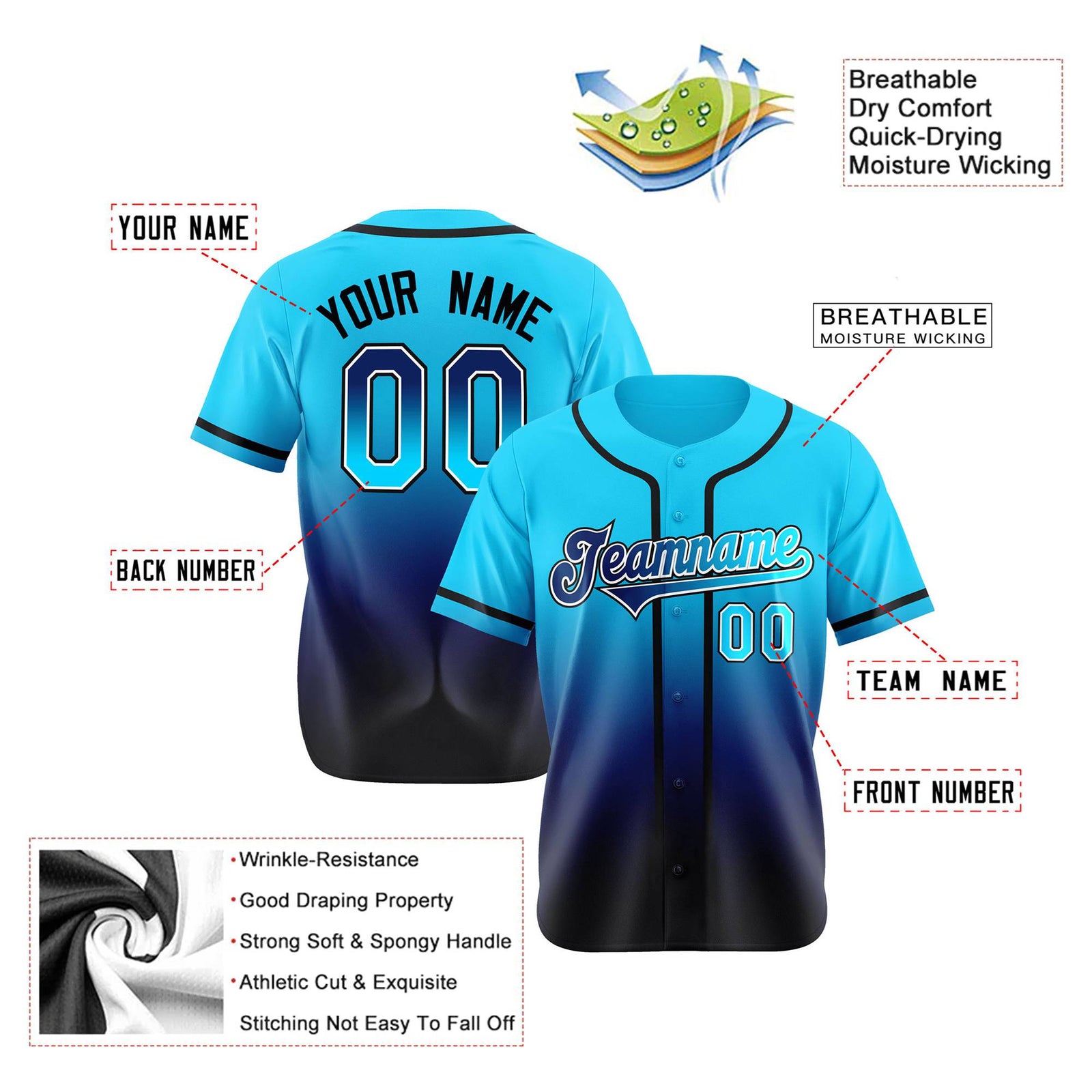 Custom Sky Blue Navy Authentic Fade Fashion Baseball Jersey