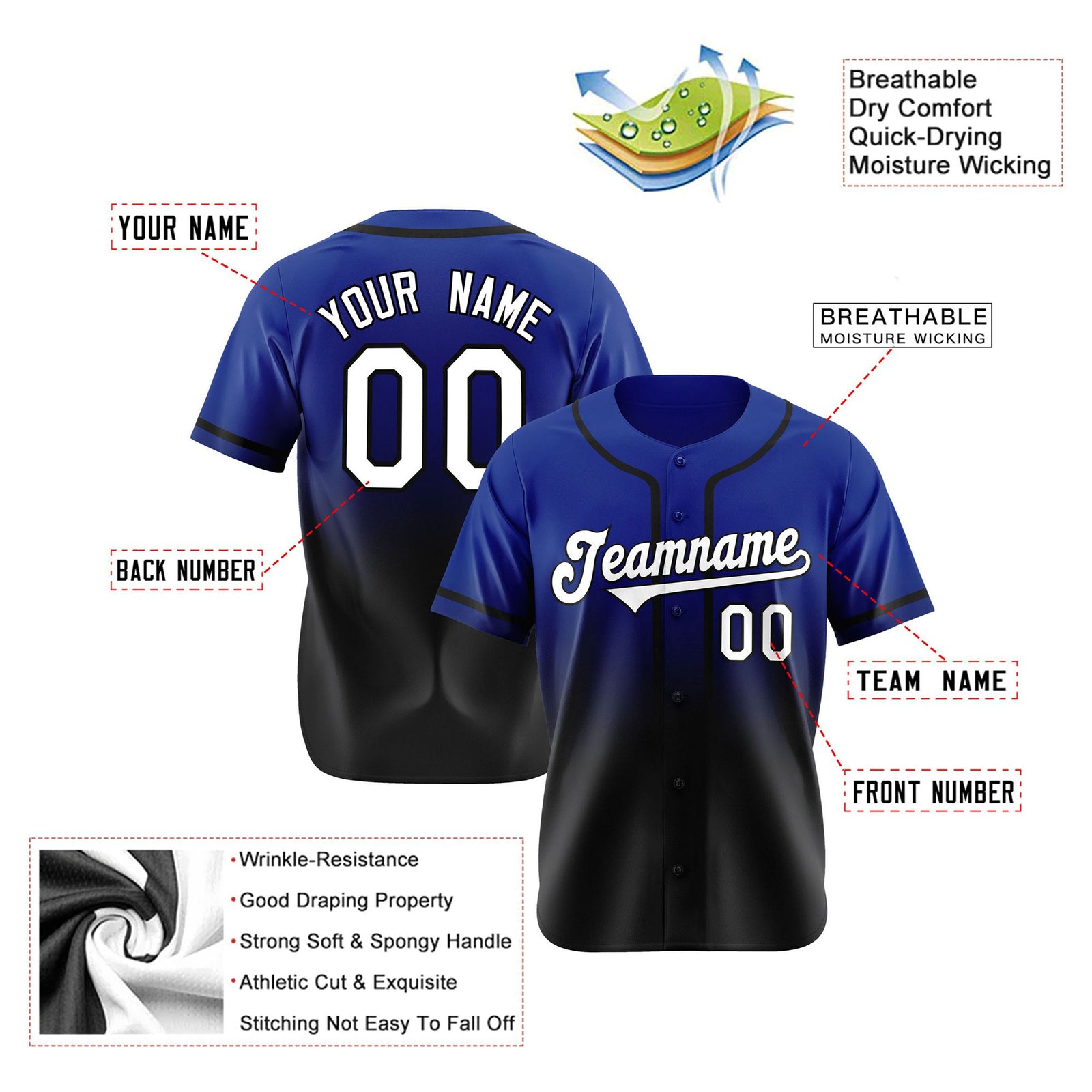 Custom Royal Blue Black-White Authentic Fade Fashion Baseball Jersey