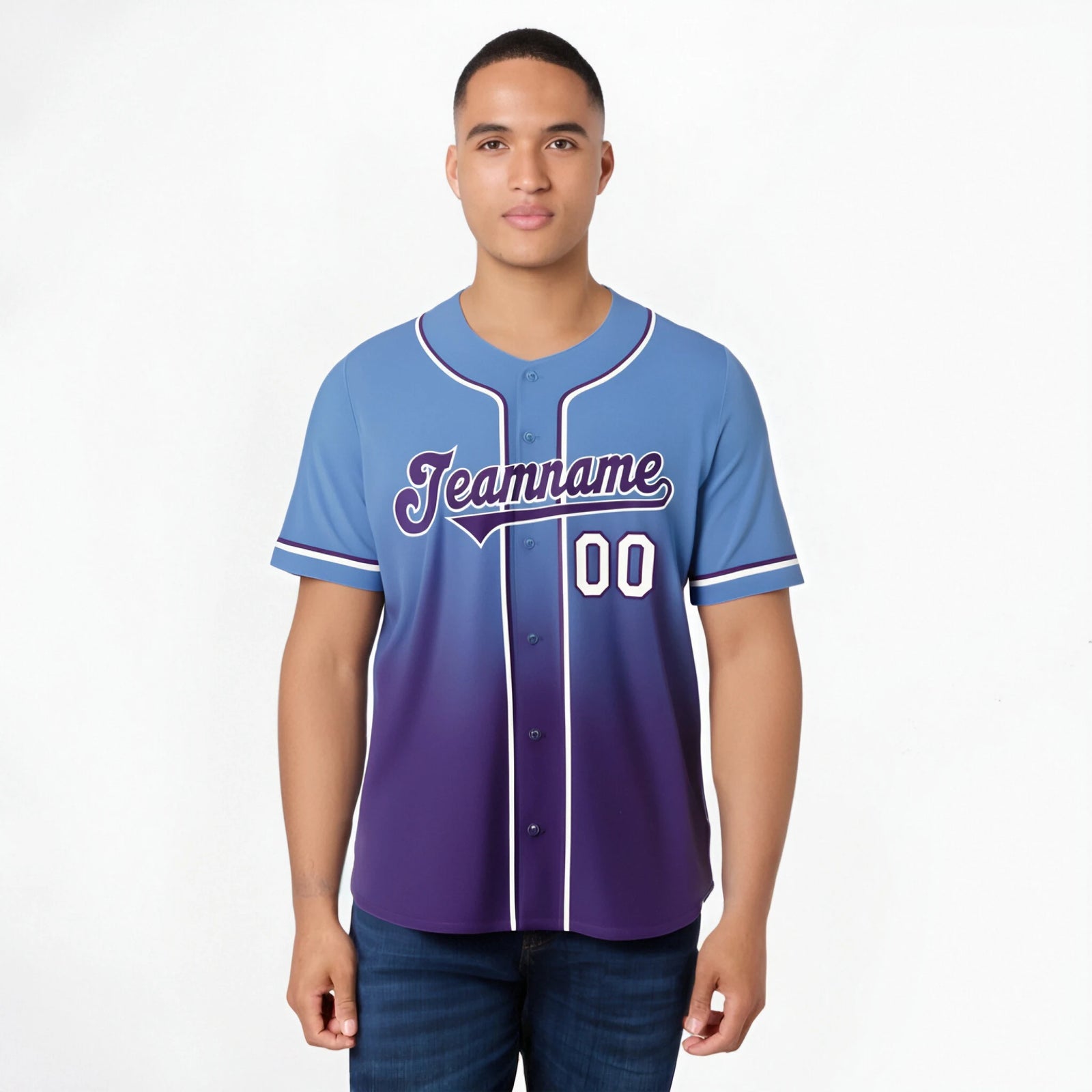 Custom Light Blue Purple-White Authentic Fade Fashion Baseball Jersey