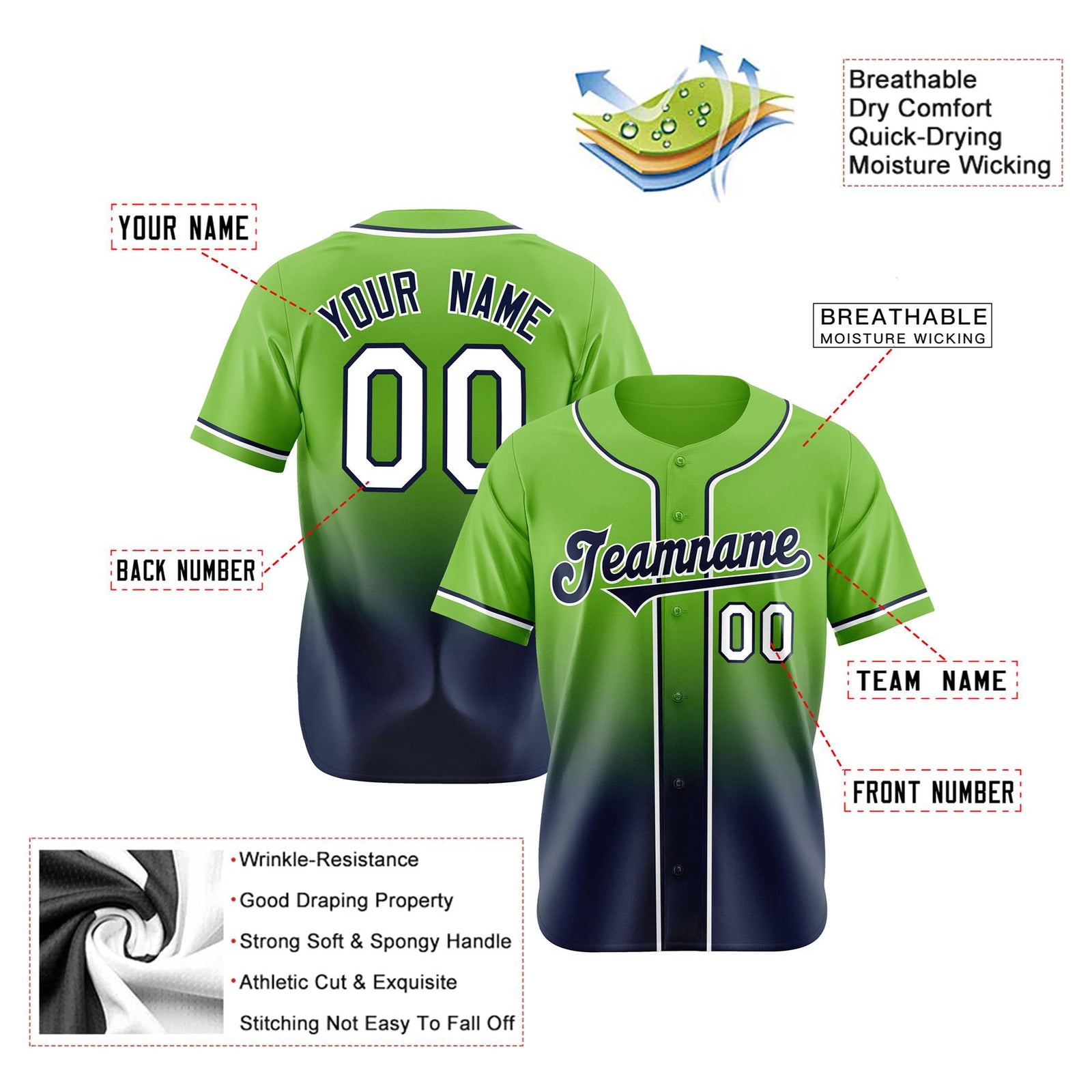 Custom Neon Green Navy-White Authentic Fade Fashion Baseball Jersey