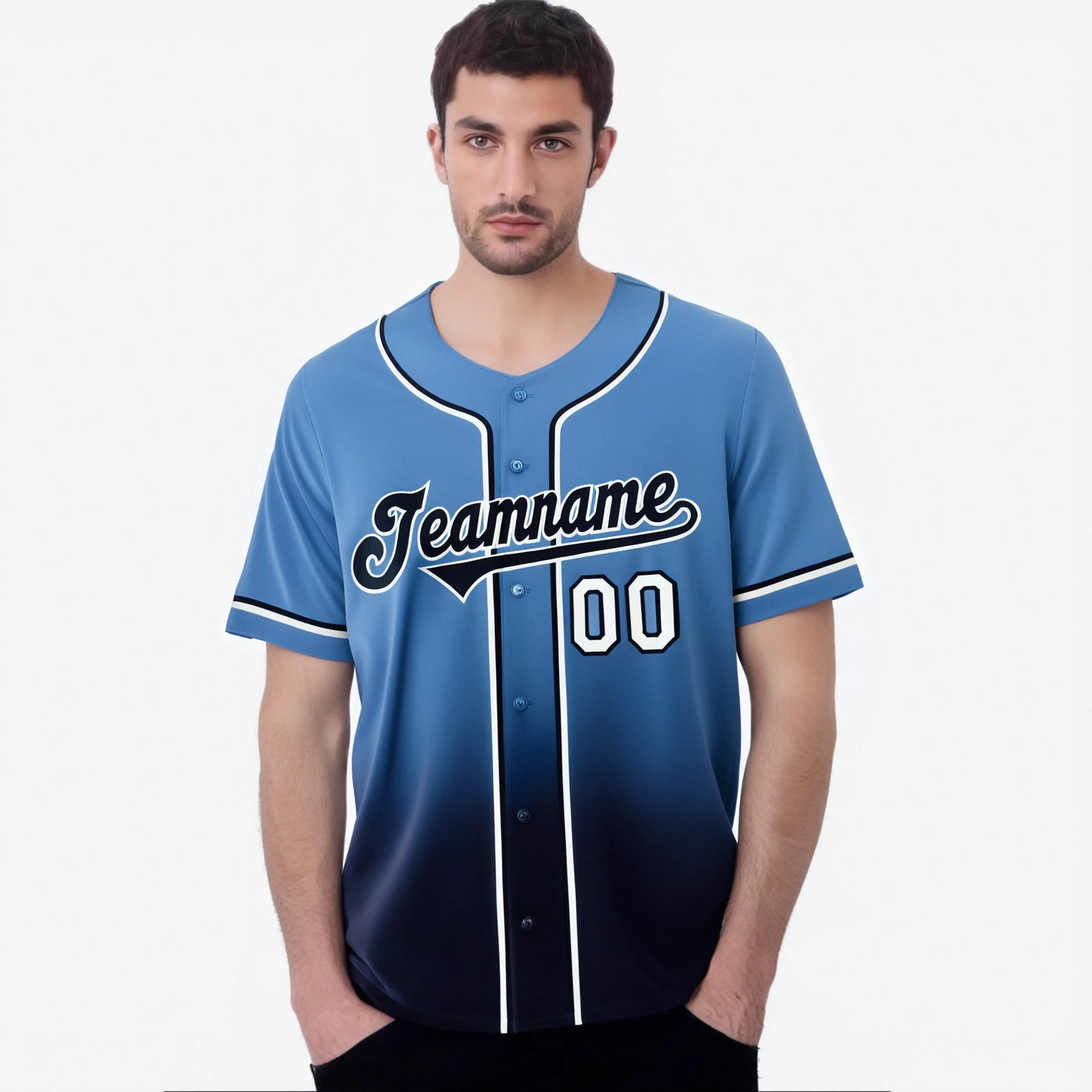 Custom Light Blue Navy-White Authentic Fade Fashion Baseball Jersey