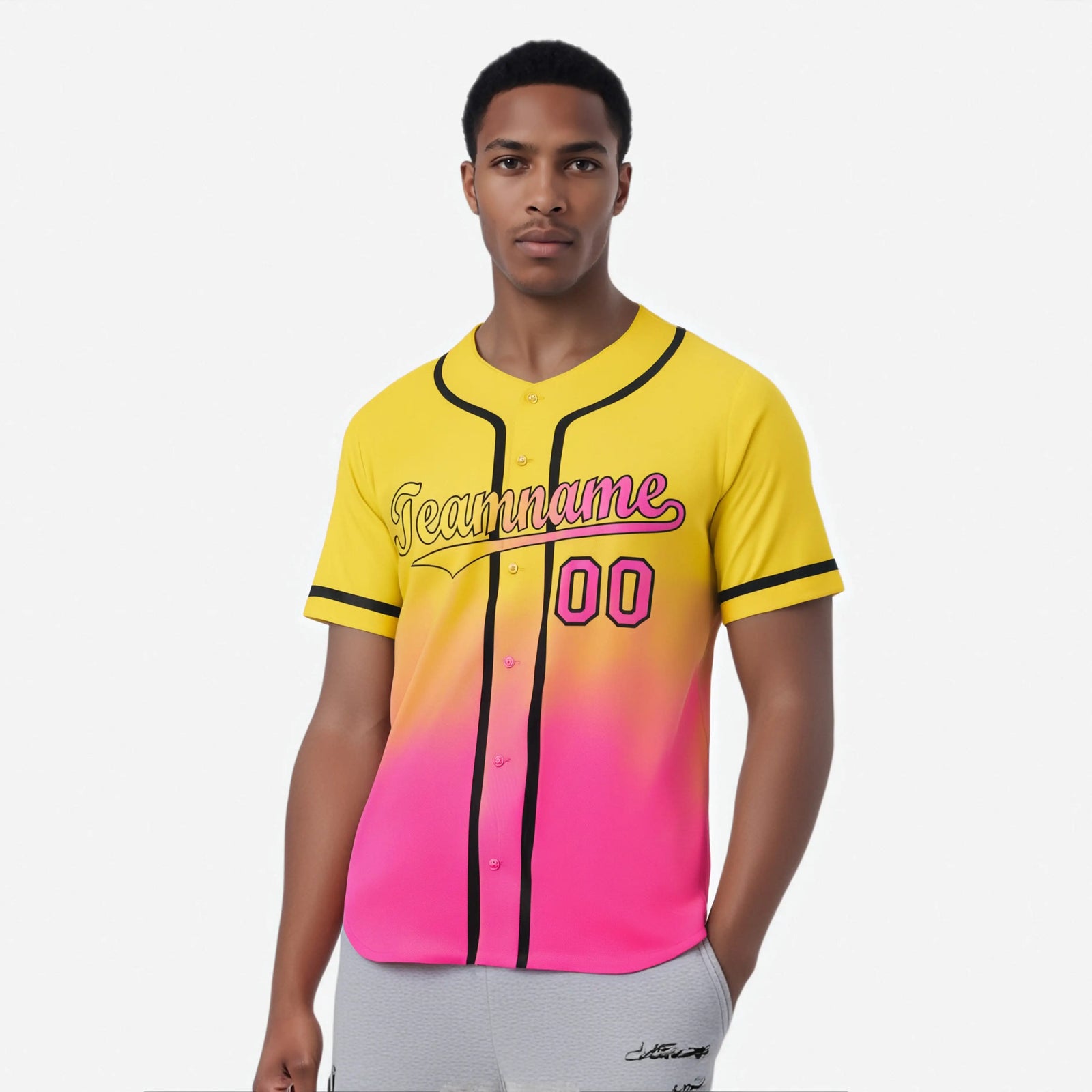 Custom Yellow Pink-Black Authentic Fade Fashion Baseball Jersey