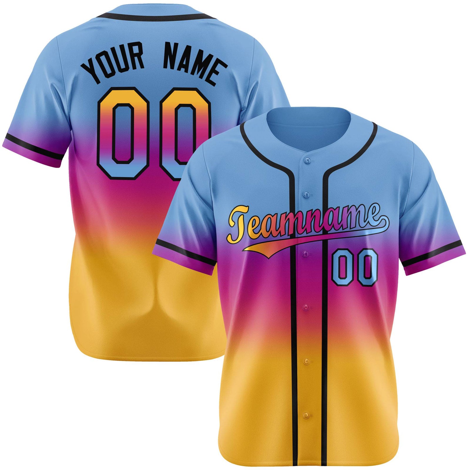 Custom Light Blue Pink-Yellow Black Authentic Fade Fashion Baseball Jersey