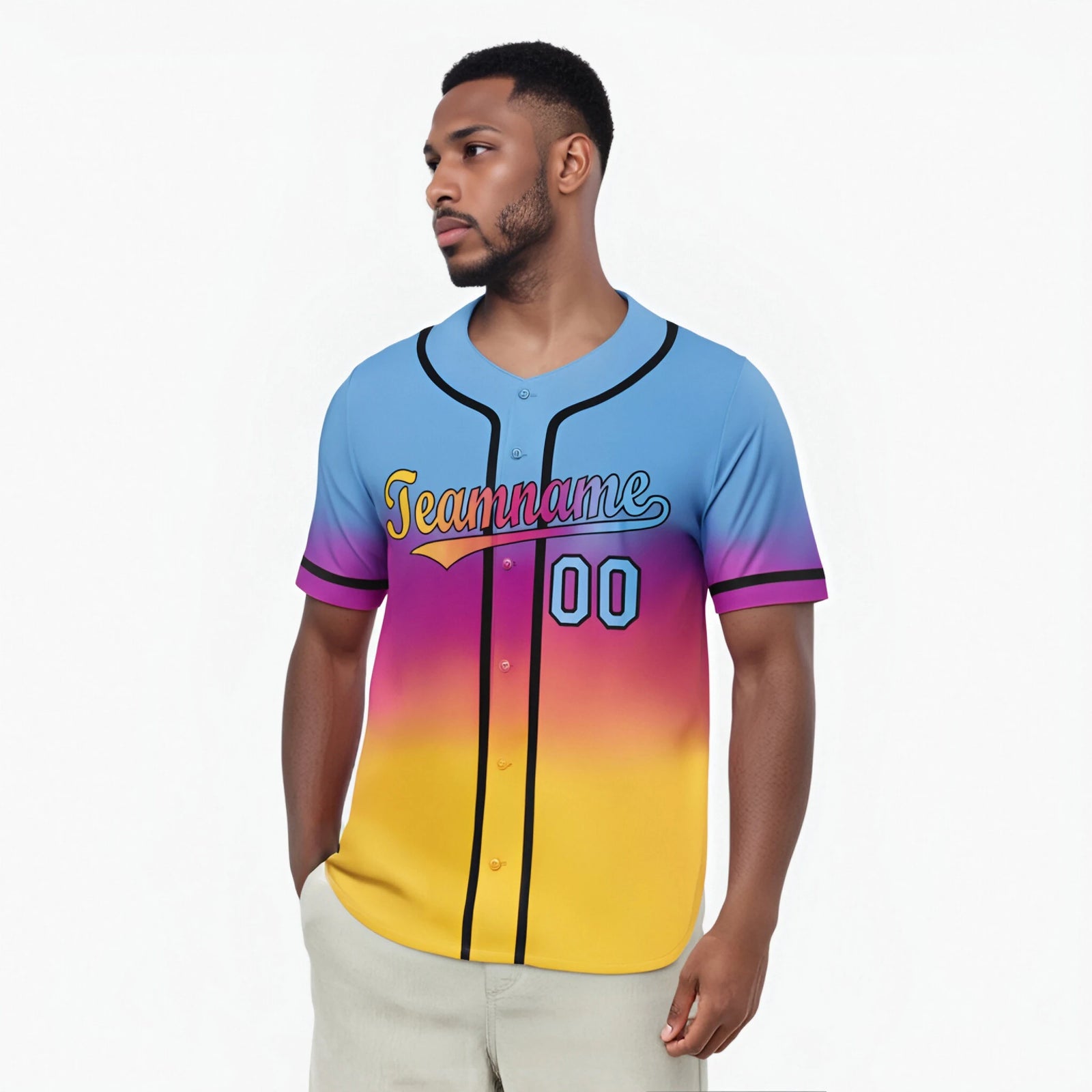 Custom Light Blue Pink-Yellow Black Authentic Fade Fashion Baseball Jersey