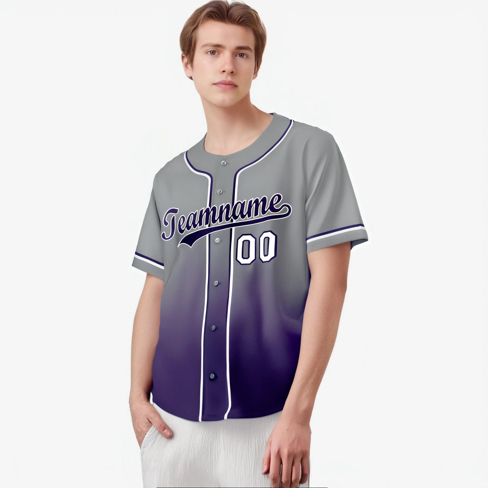 Custom Gray Purple-White Authentic Fade Fashion Baseball Jersey