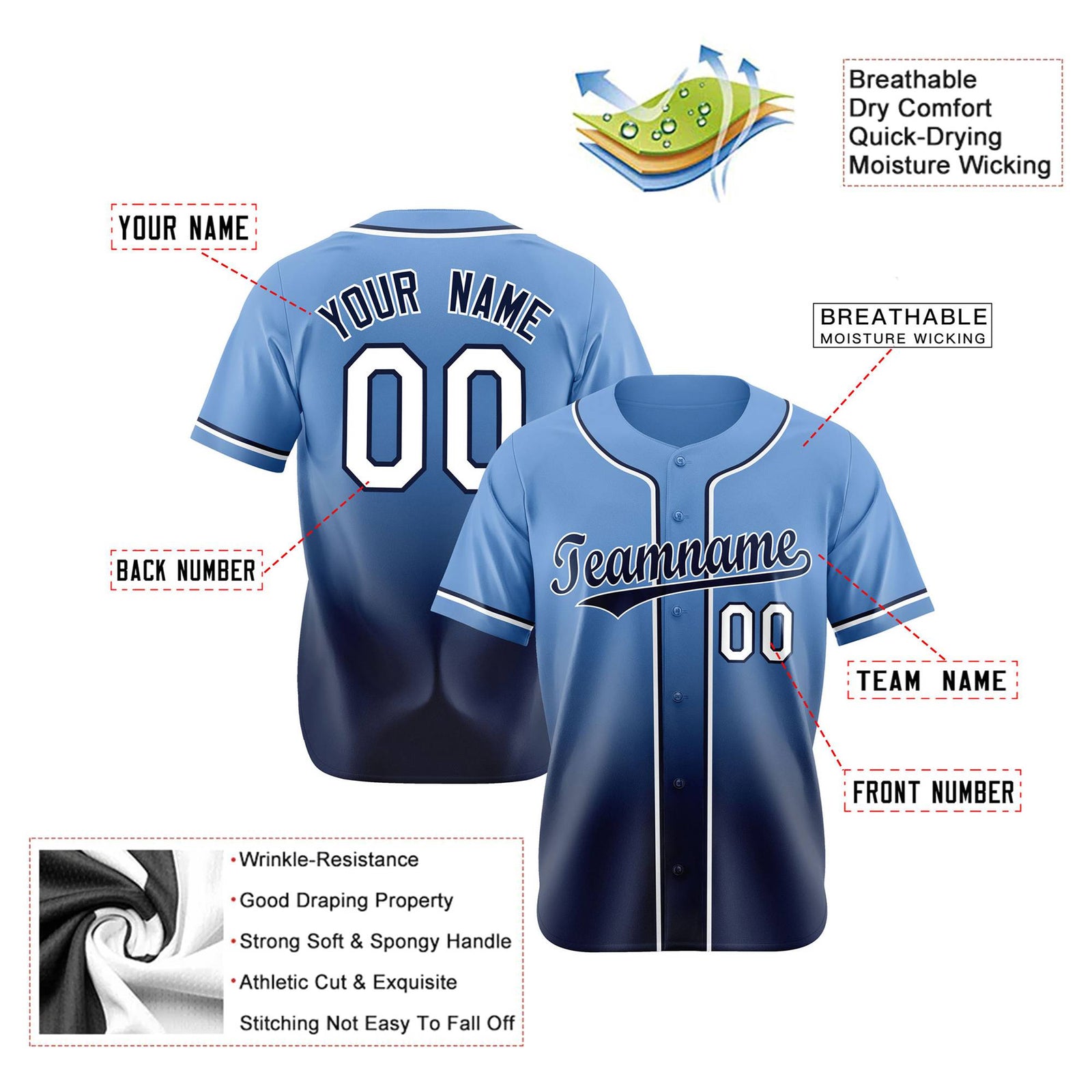 Custom Light Blue Navy-White Authentic Fade Fashion Baseball Jersey
