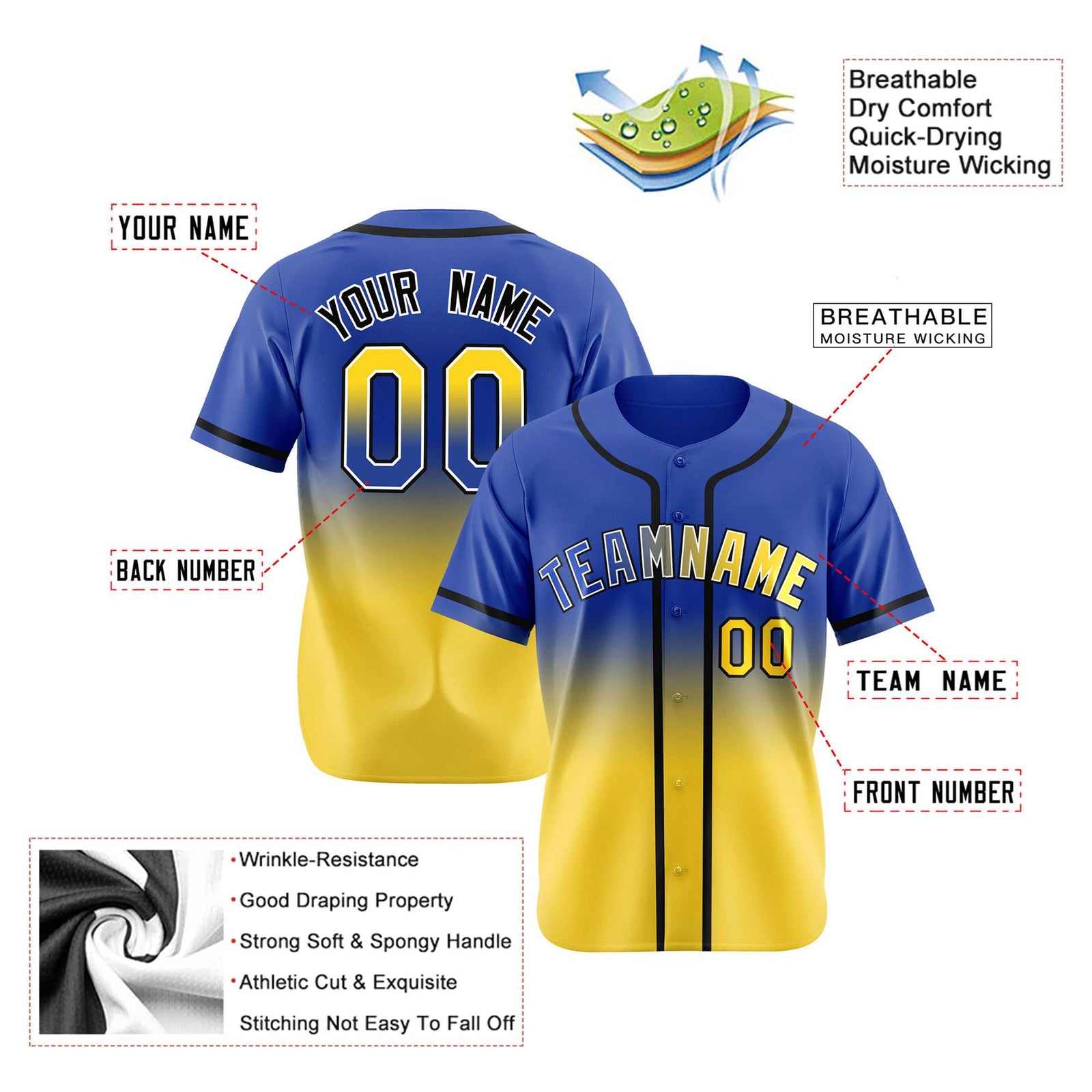 Custom Blue Yellow-Black Authentic Fade Fashion Baseball Jersey