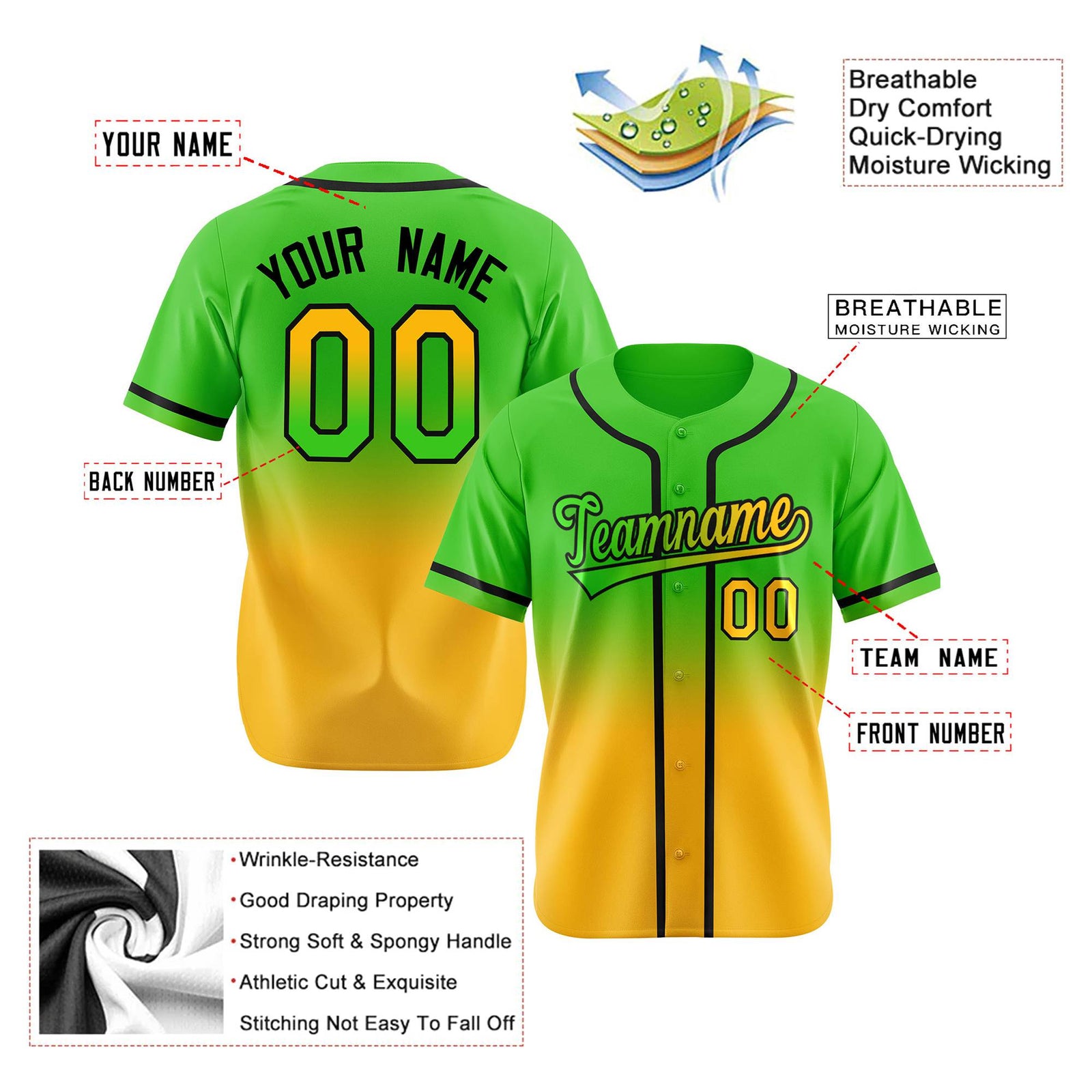 Custom Green Yellow-Black Authentic Fade Fashion Baseball Jersey