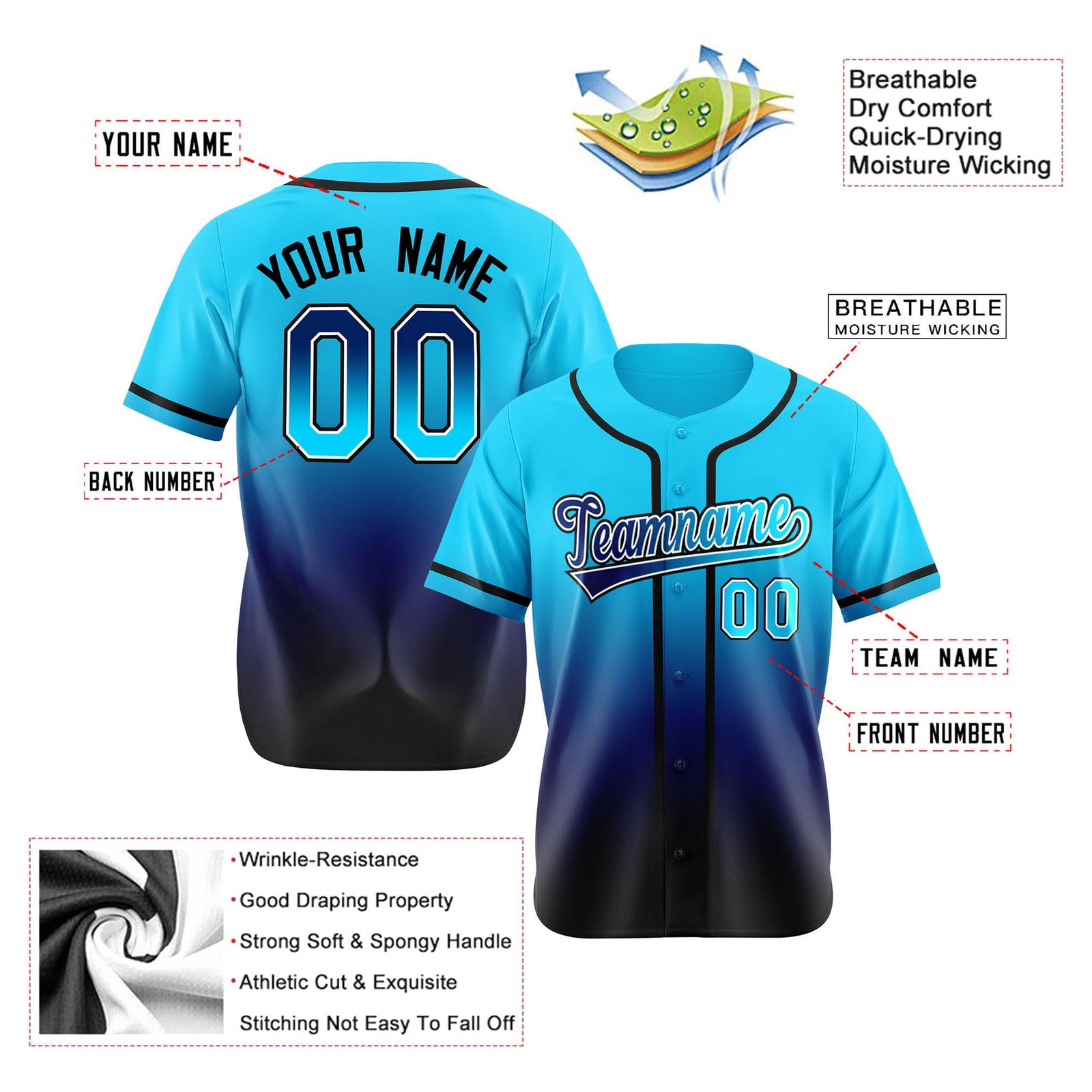 Custom Sky Blue Navy Authentic Fade Fashion Baseball Jersey