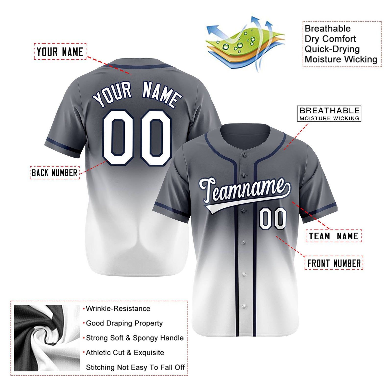 Custom Dark Gray White Authentic Fade Fashion Baseball Jersey
