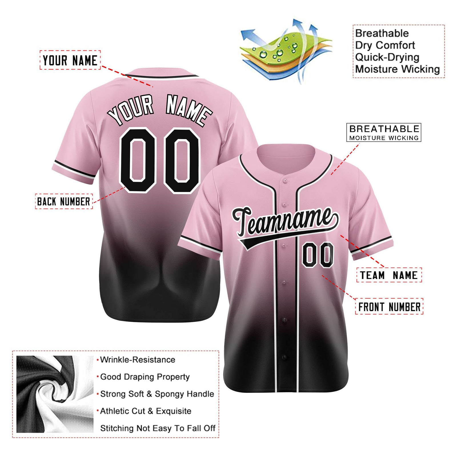 Custom Pink Black-White Authentic Fade Fashion Baseball Jersey