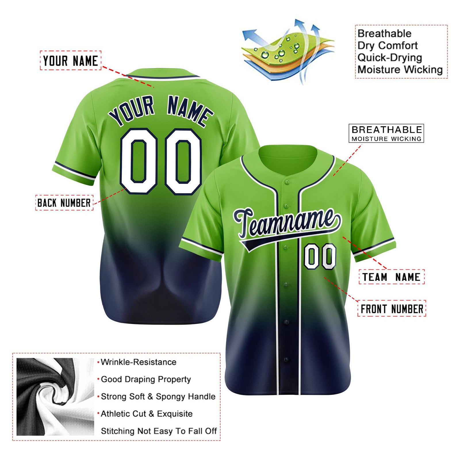 Custom Neon Green Navy-White Authentic Fade Fashion Baseball Jersey