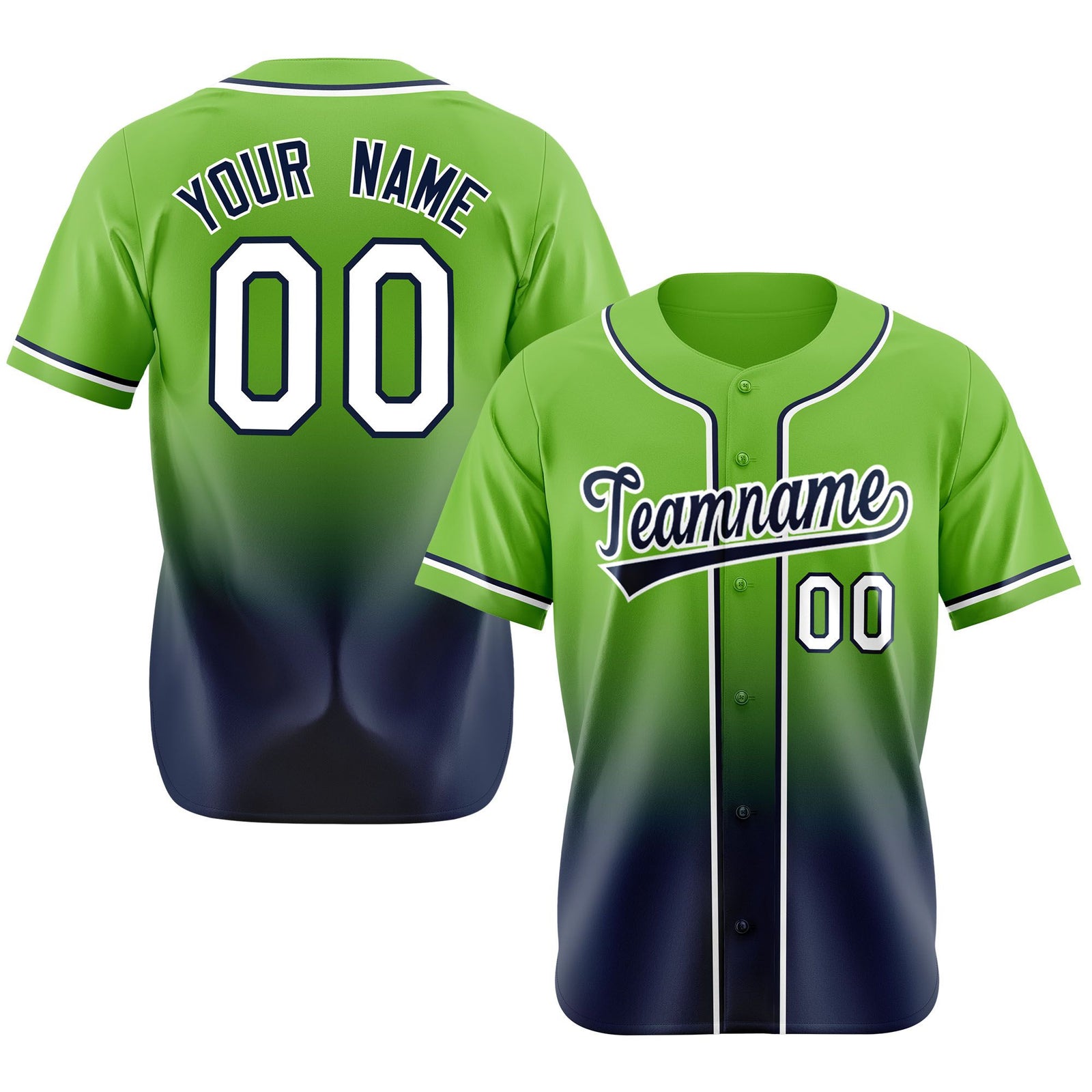 Custom Neon Green Navy-White Authentic Fade Fashion Baseball Jersey