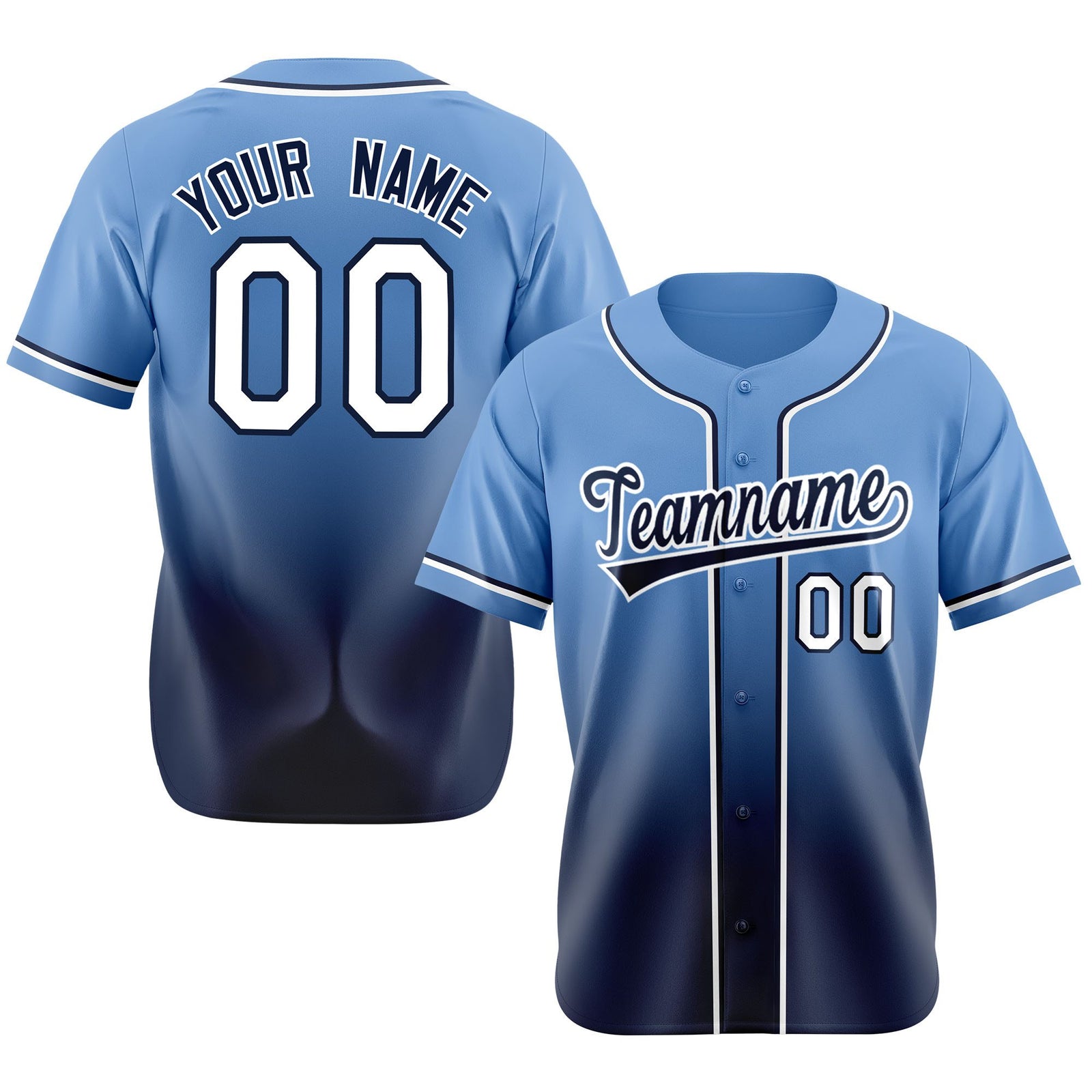 Custom Light Blue Navy-White Authentic Fade Fashion Baseball Jersey
