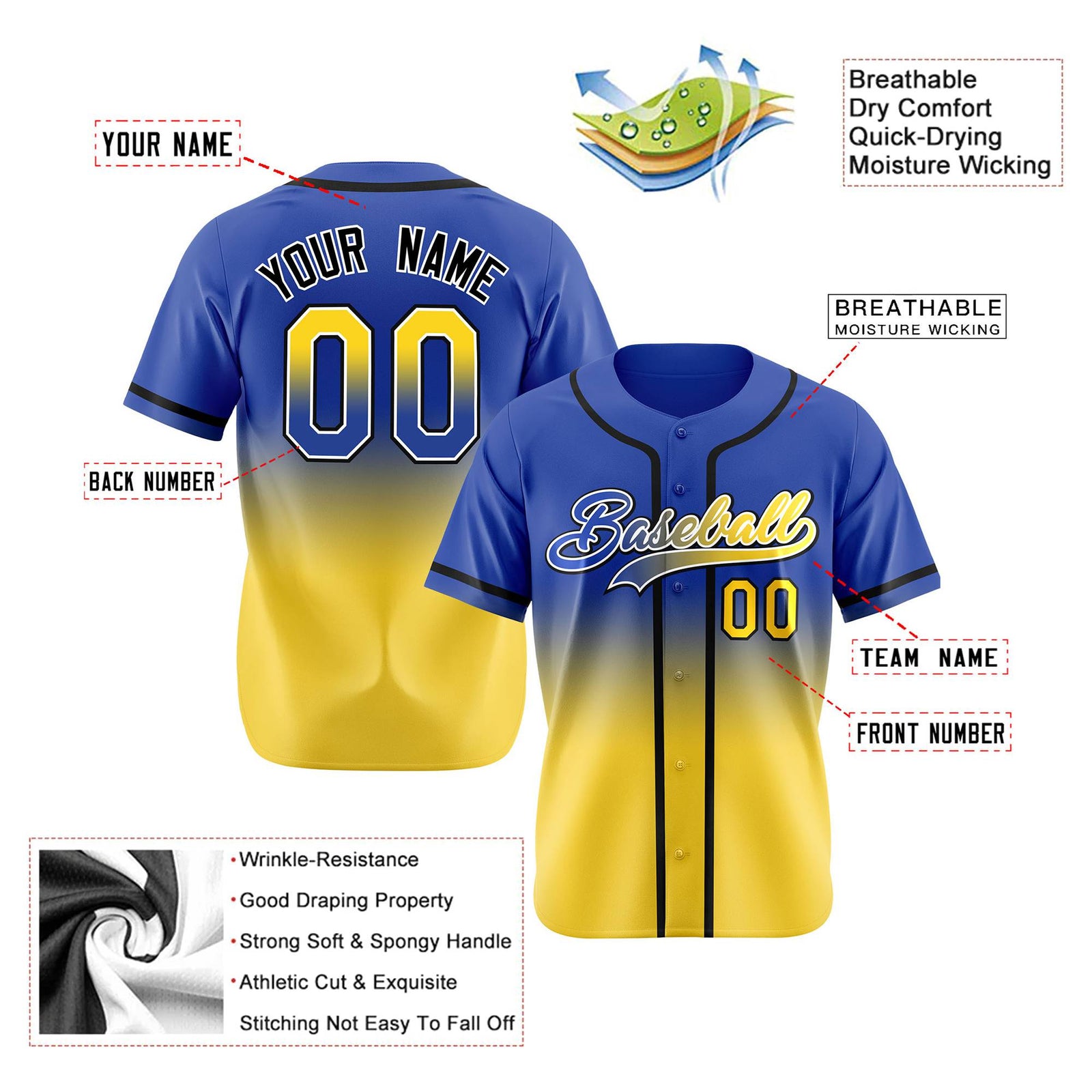 Custom Blue Yellow-Black Authentic Fade Fashion Baseball Jersey