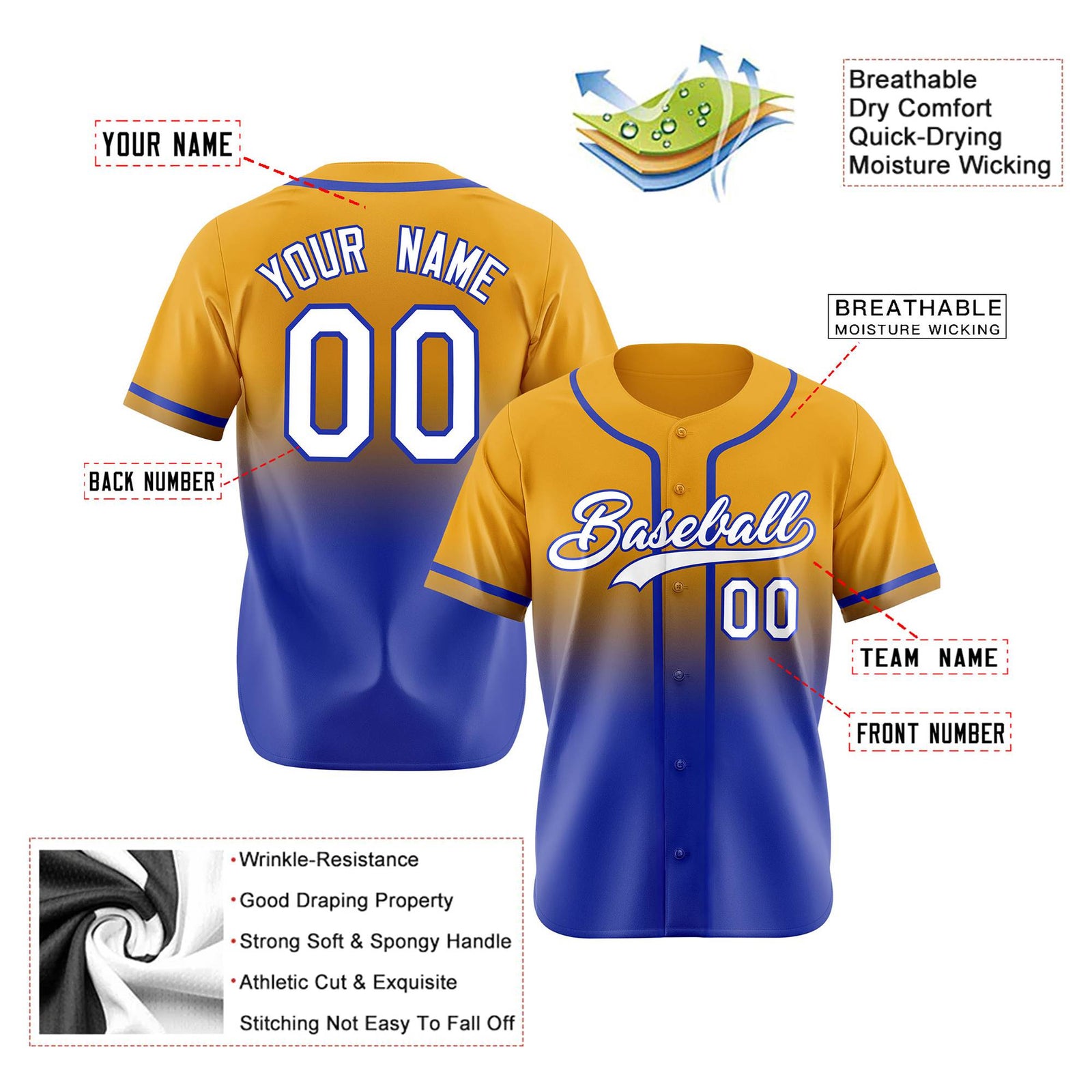 Custom Yellow Blue-White Authentic Fade Fashion Baseball Jersey