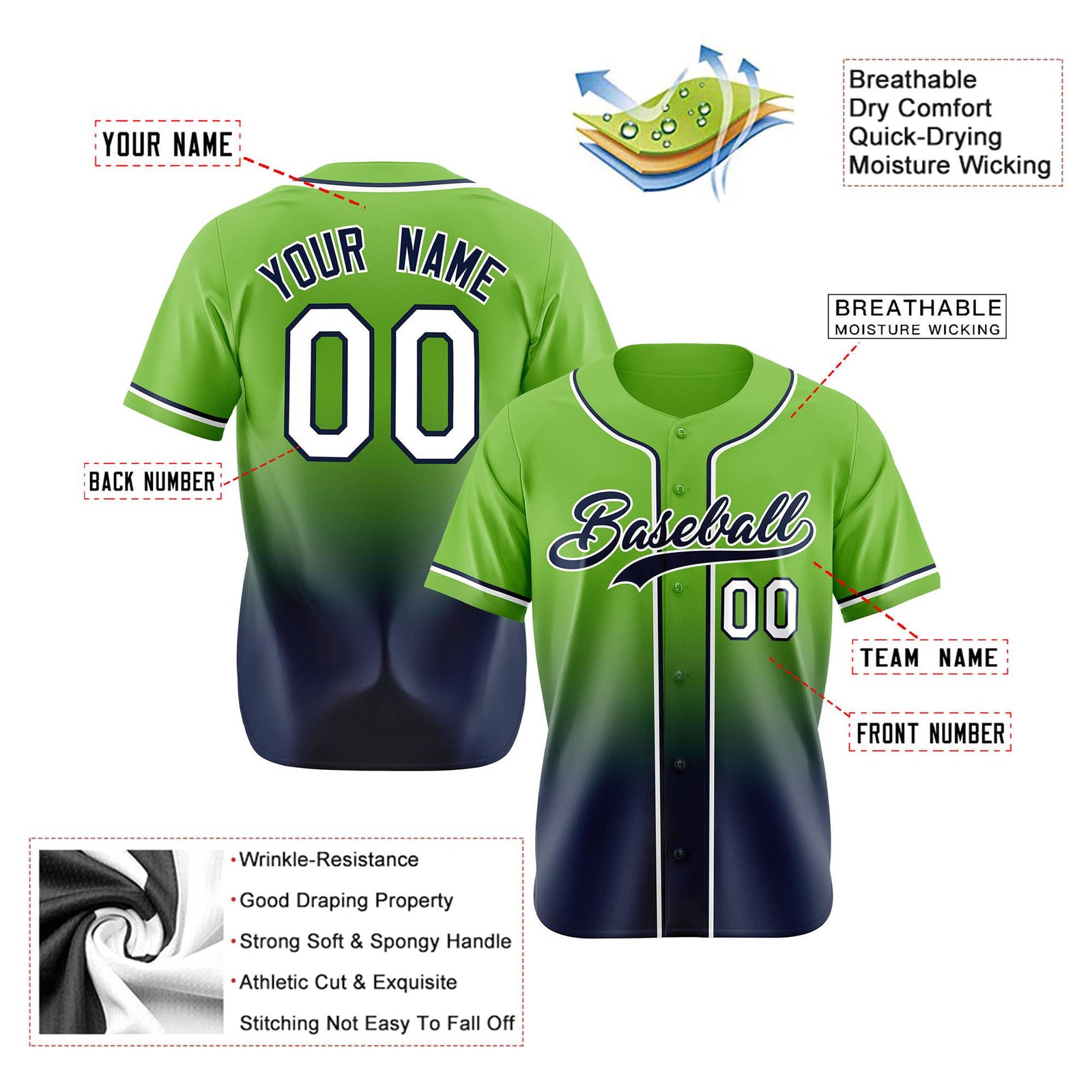 Custom Neon Green Navy-White Authentic Fade Fashion Baseball Jersey