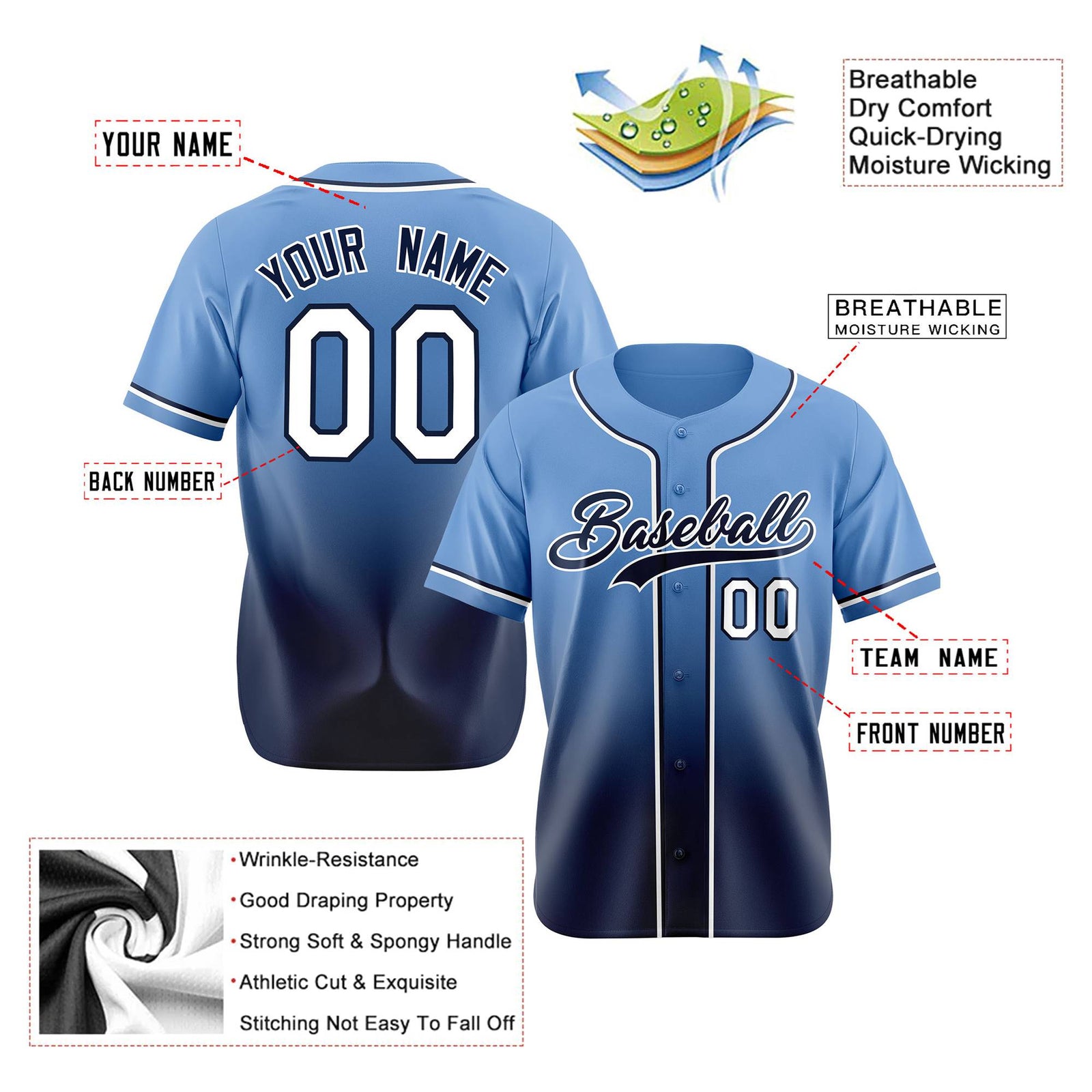 Custom Light Blue Navy-White Authentic Fade Fashion Baseball Jersey