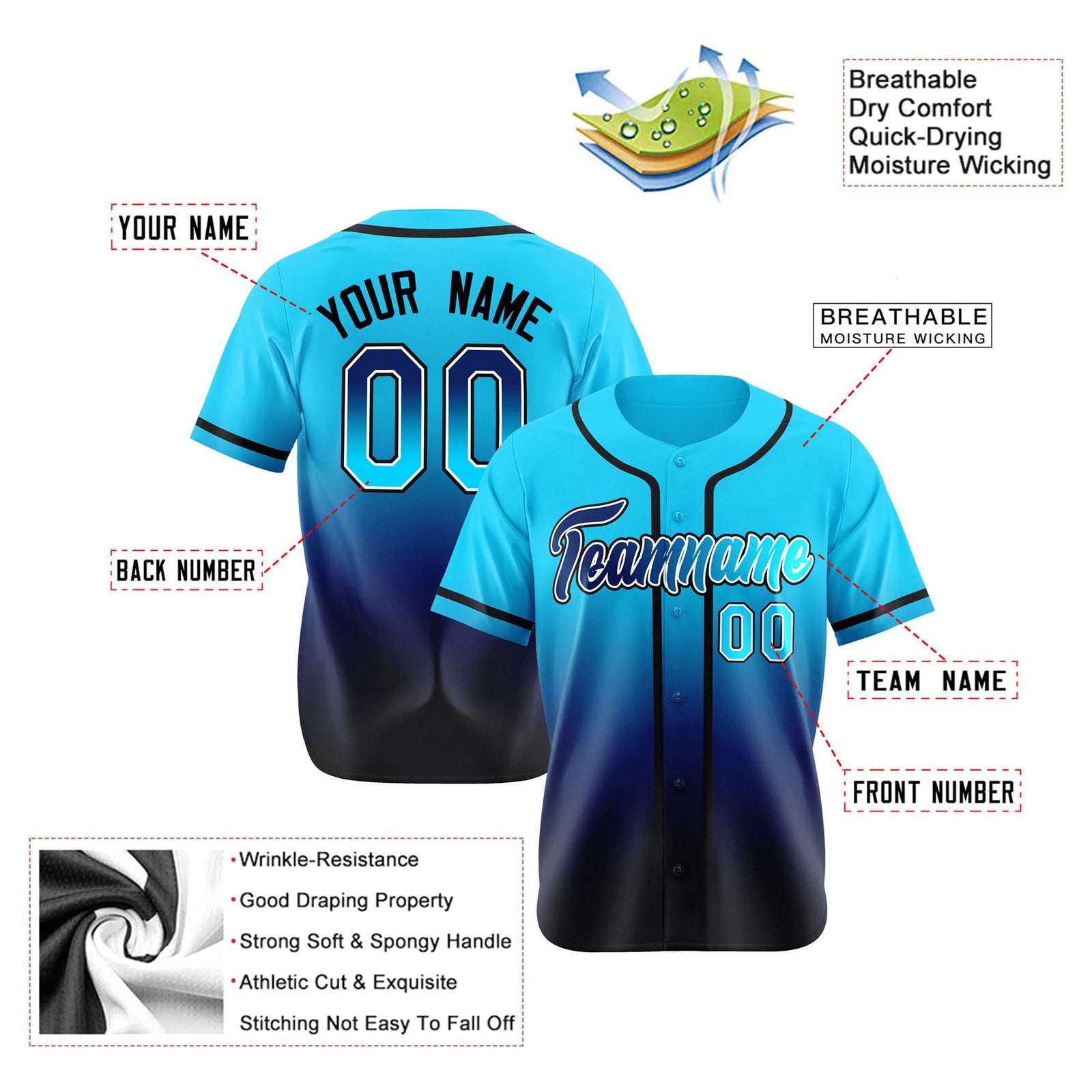 Custom Sky Blue Navy Authentic Fade Fashion Baseball Jersey