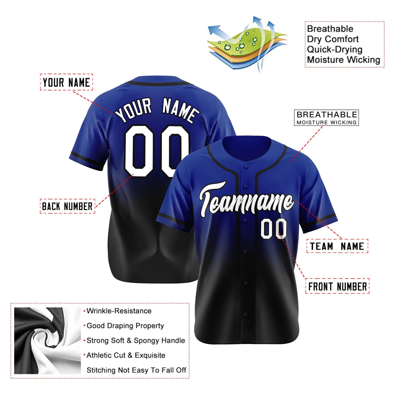 Custom Royal Blue Black-White Authentic Fade Fashion Baseball Jersey