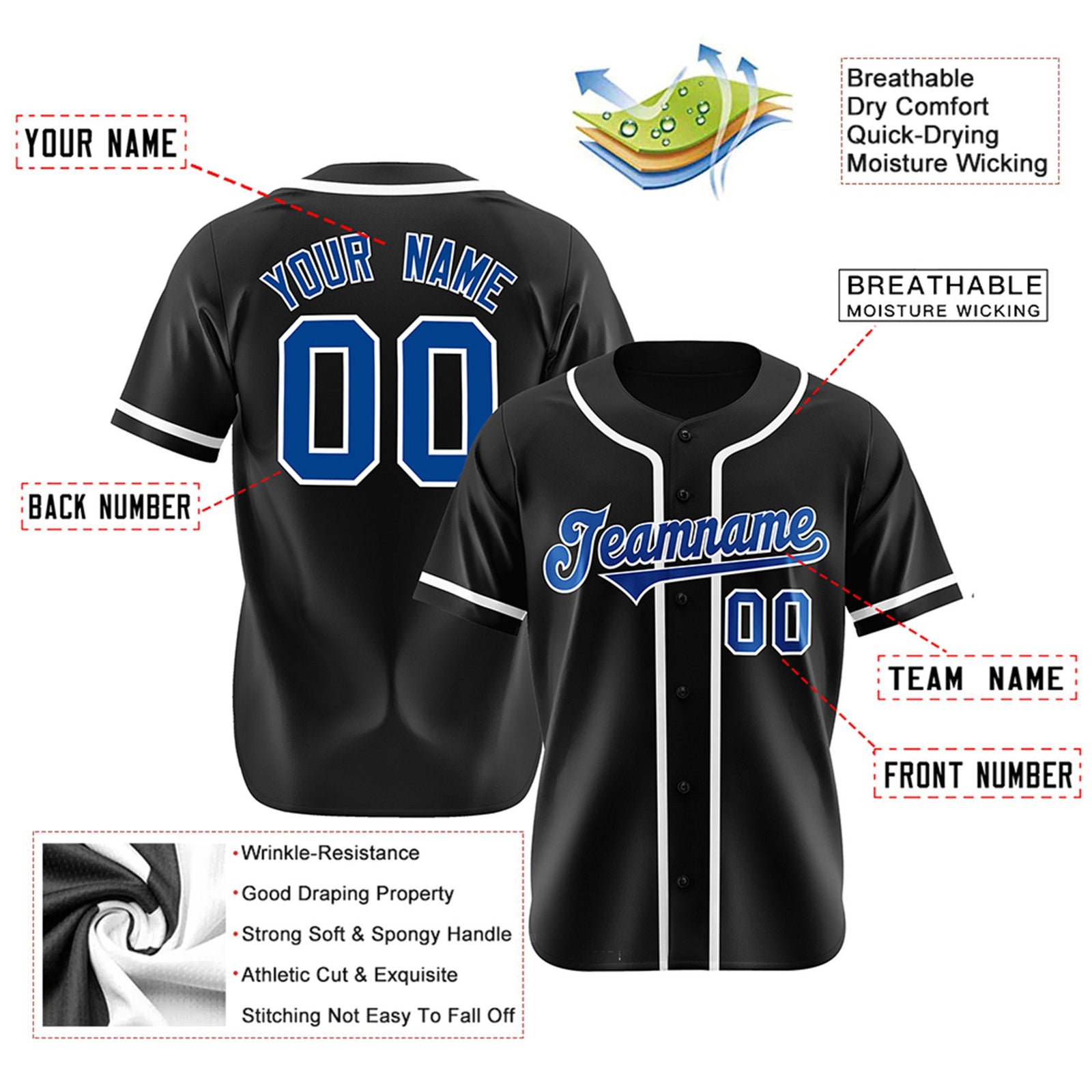 Custom Black Royal Blue-White Classic Style Authentic Baseball Jersey
