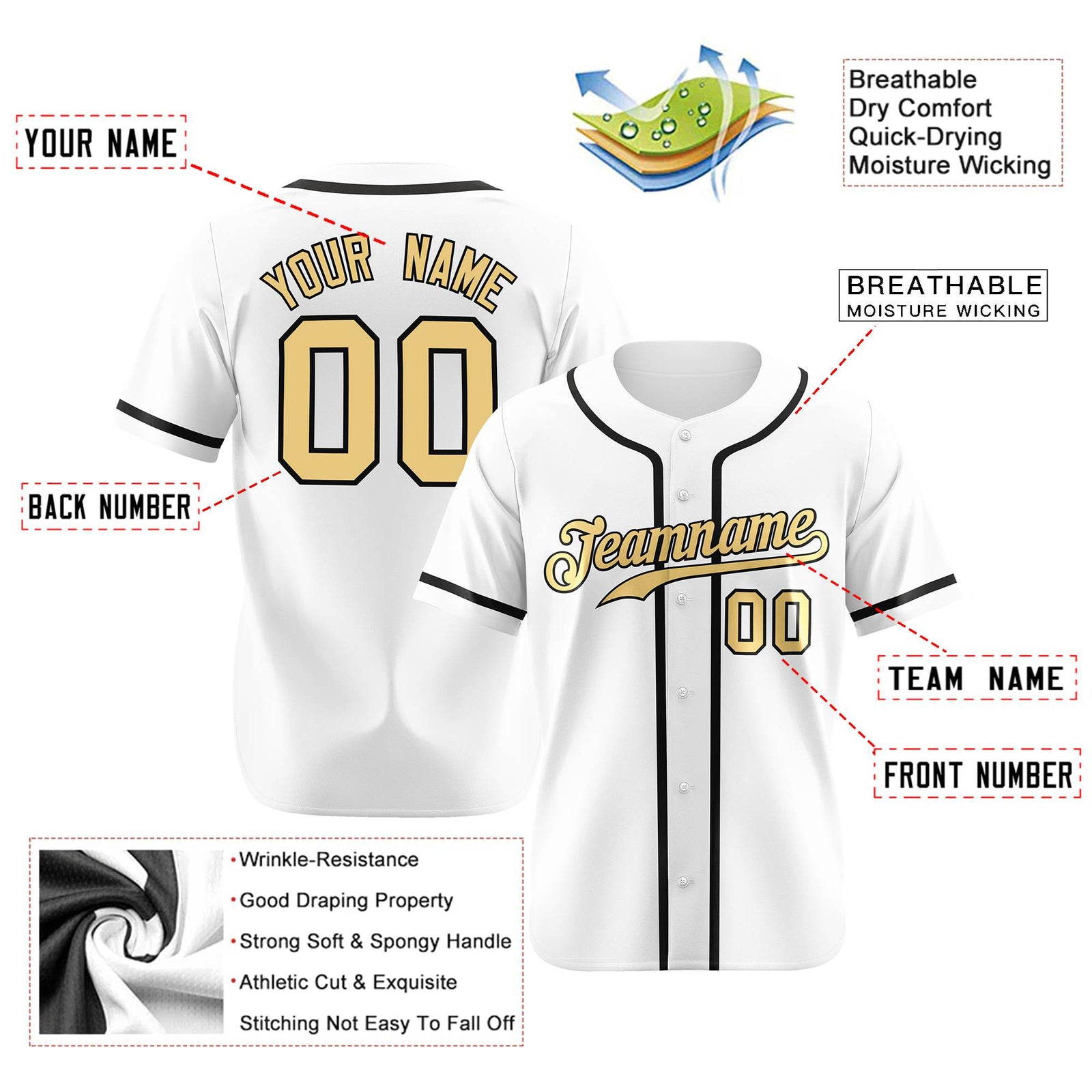 Custom White Glod-Black Classic Style Authentic Baseball Jersey