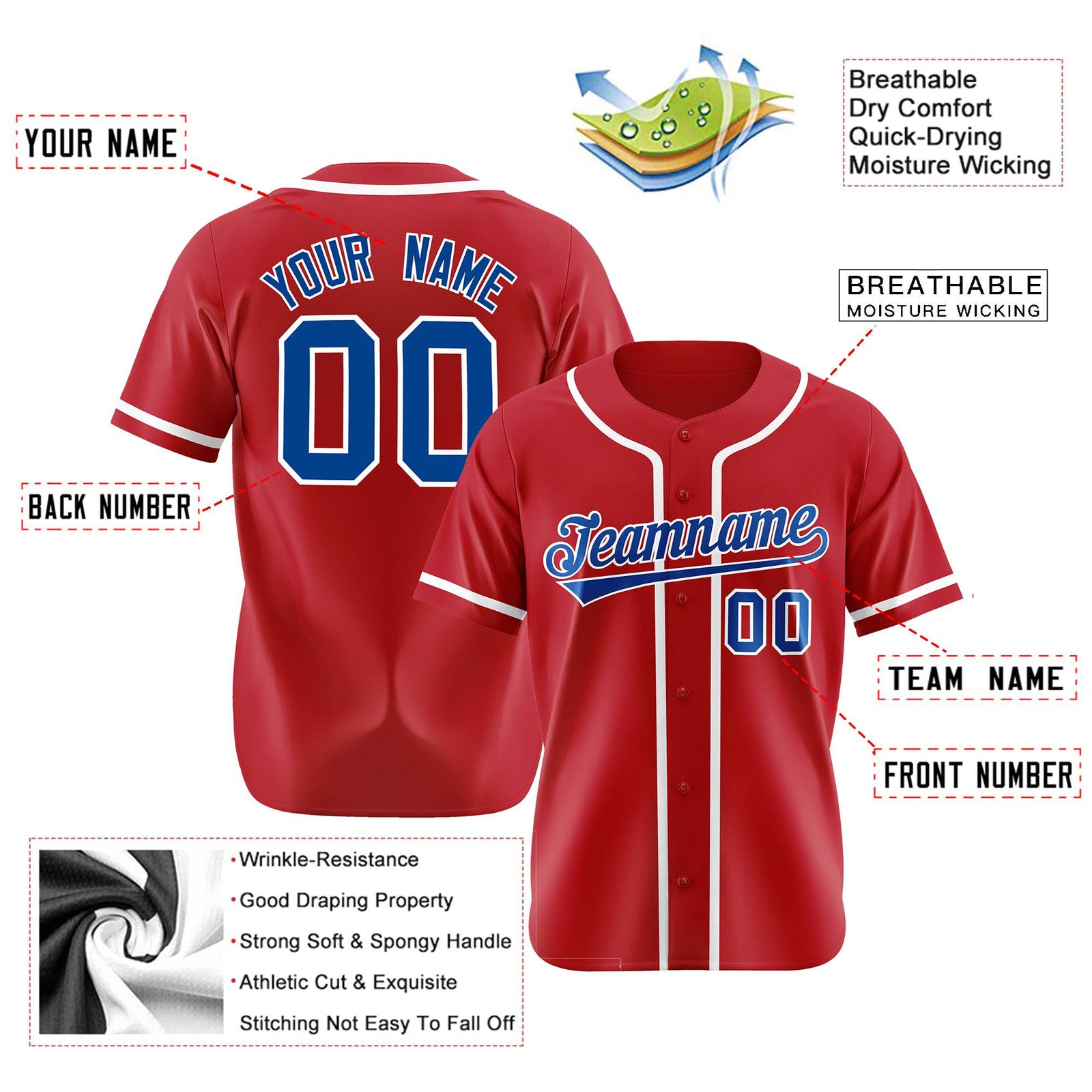 Custom Red Royal Blue-White Classic Style Authentic Baseball Jersey
