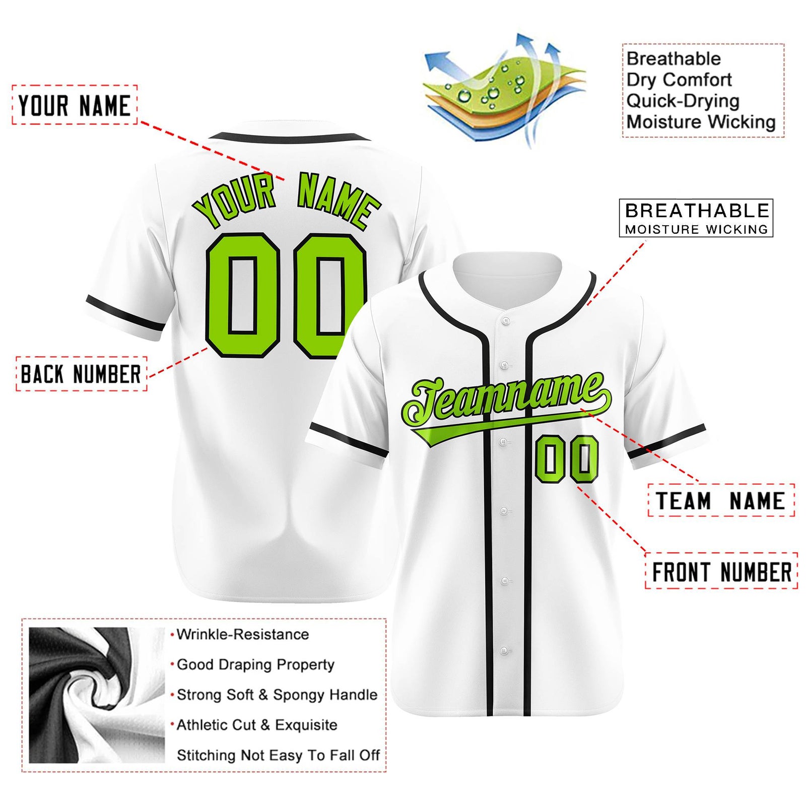 Custom White Neon Green-Black Classic Style Authentic Baseball Jersey