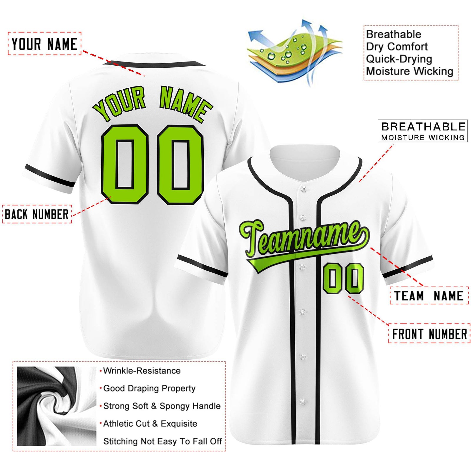 Custom White Neon Green-Black Classic Style Authentic Baseball Jersey